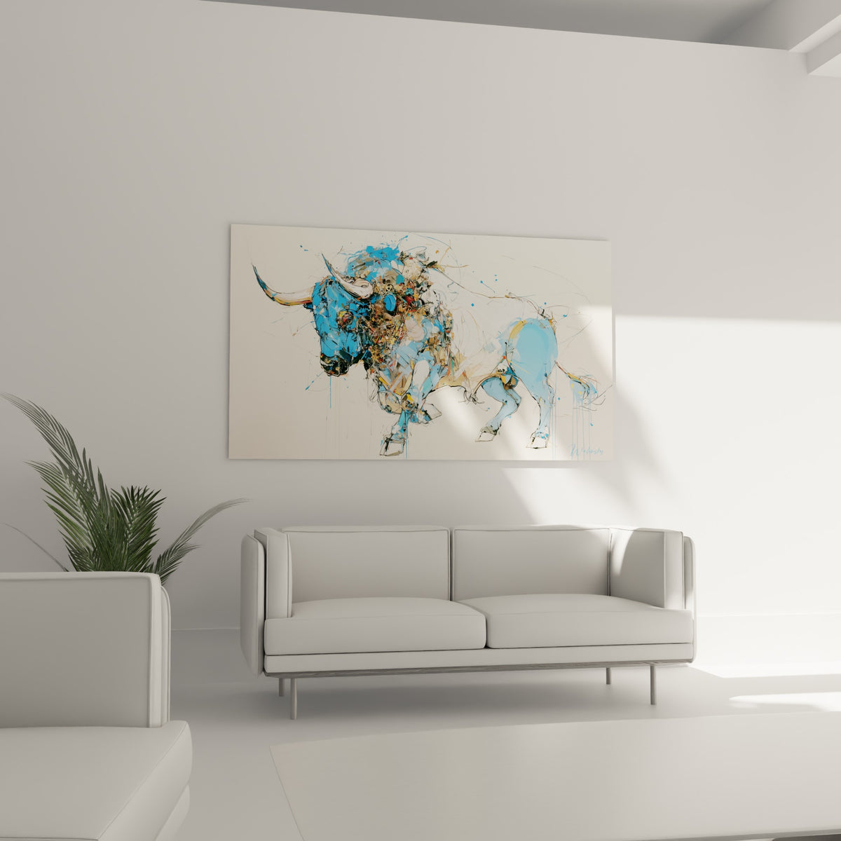 Corps fragmenté bleu et ocre du taureau chargeant, au-dessus d'un canapé dans un salon lumineux