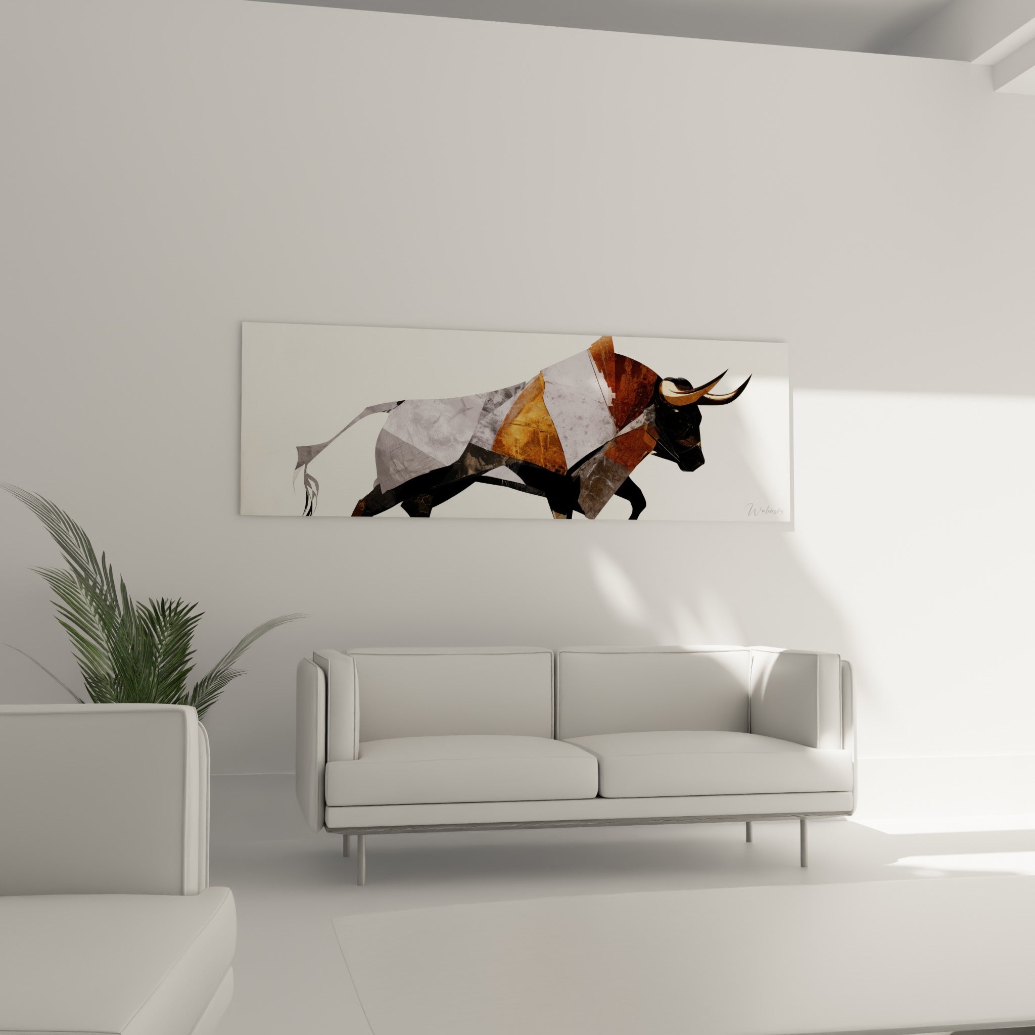 Cornes dorées et robe fragmentée ocre et gris d'un taureau, au-dessus d'un canapé dans un salon lumineux