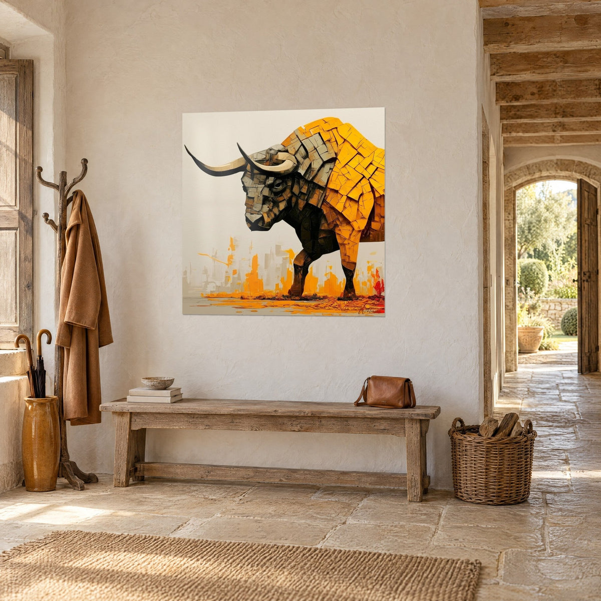 Quadro di un bufalo dalle corna ricurve, mosaico di arancio vivo e nero, di fronte a un arco aperto sul giardino, casa in pietra
