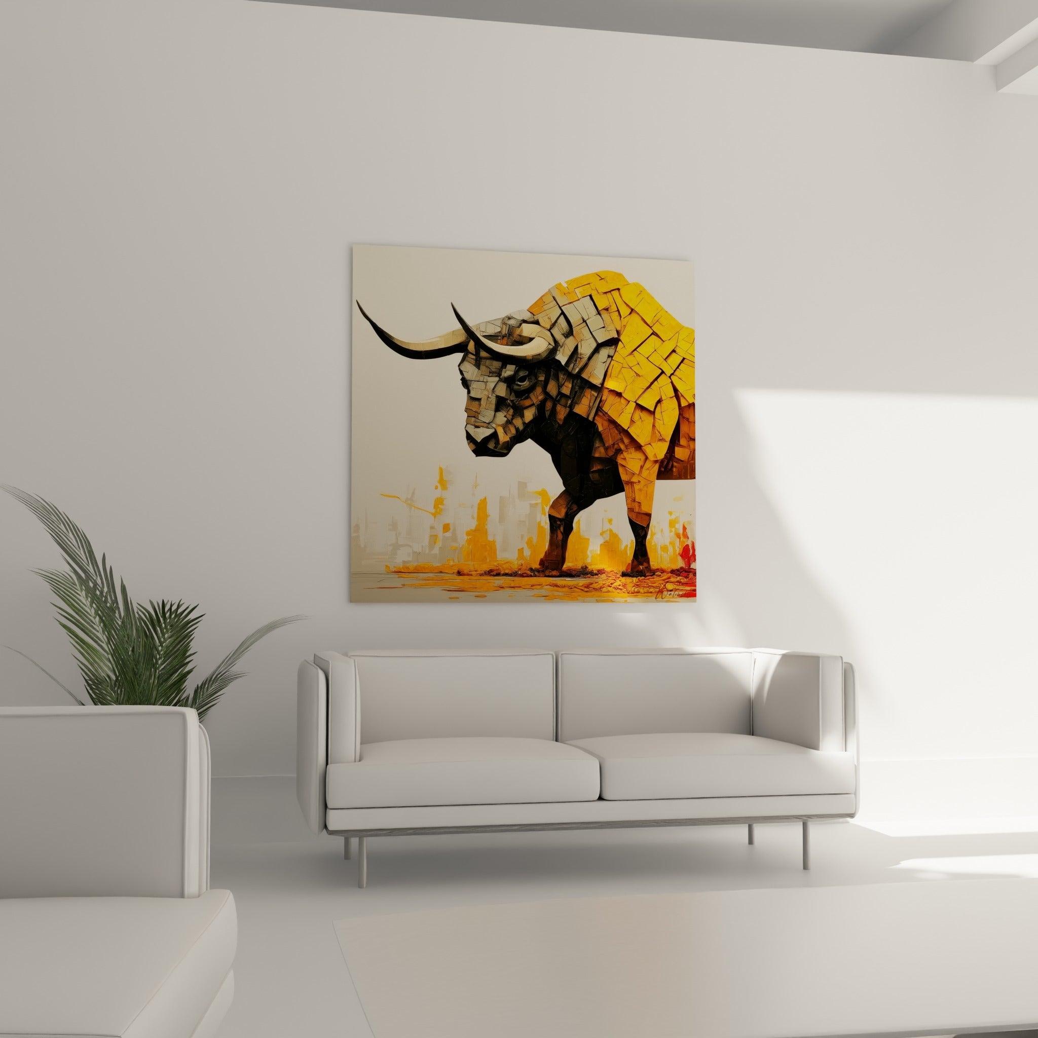 Animal massif texturé en doré et gris foncé, disposé au-dessus d'un canapé dans un salon lumineux