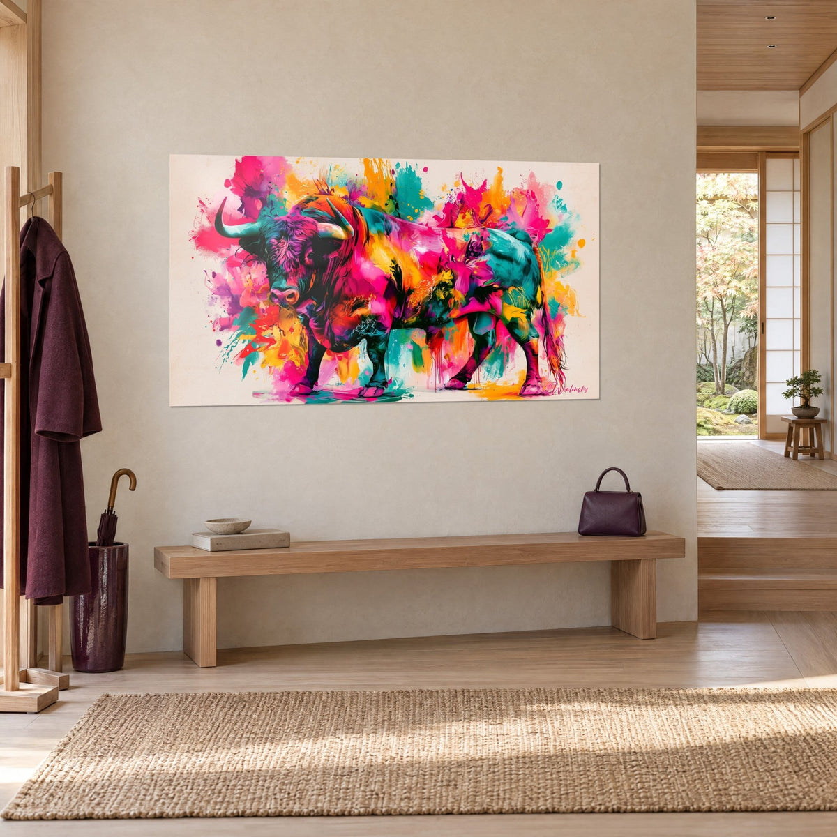 Wall art of a cow with magenta and teal coat, orange and saffron yellow splashes, three-quarter view beside a light wood bench