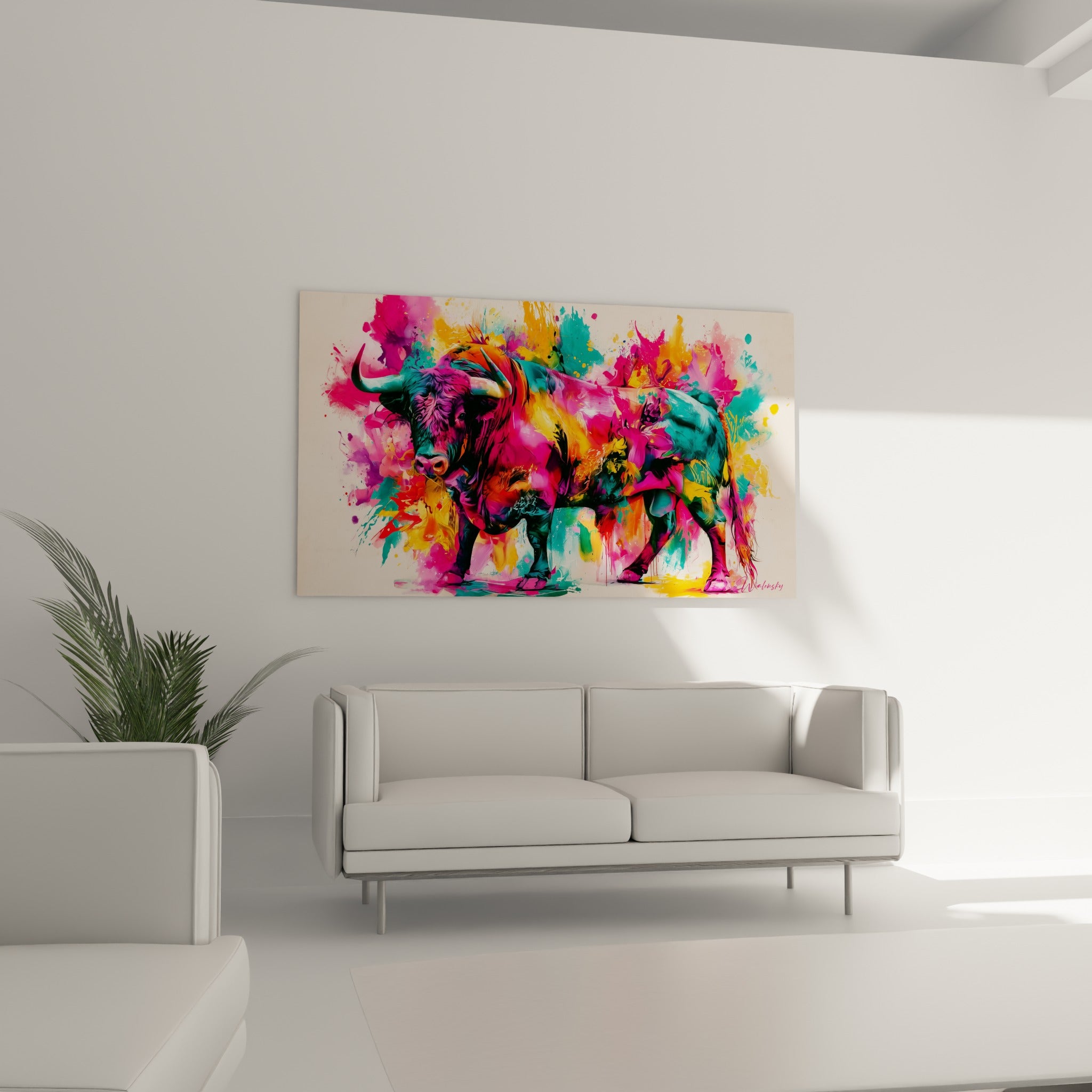 Musculature du taureau traversée d'ocre et de fuchsia, œuvre suspendue au-dessus d'un canapé dans un salon lumineux