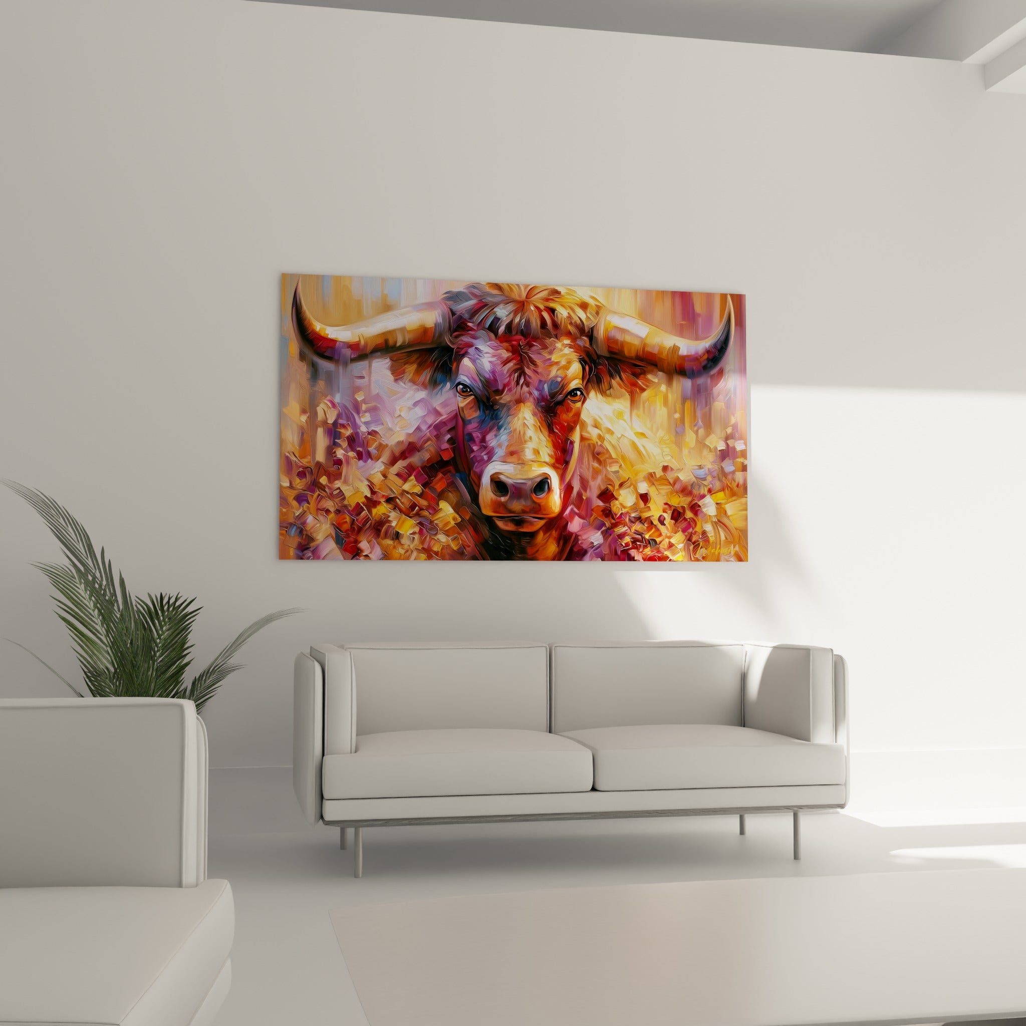 Tête de taureau aux tons ocre et violets, technique expressive, accrochée au-dessus d'un canapé dans un salon lumineux