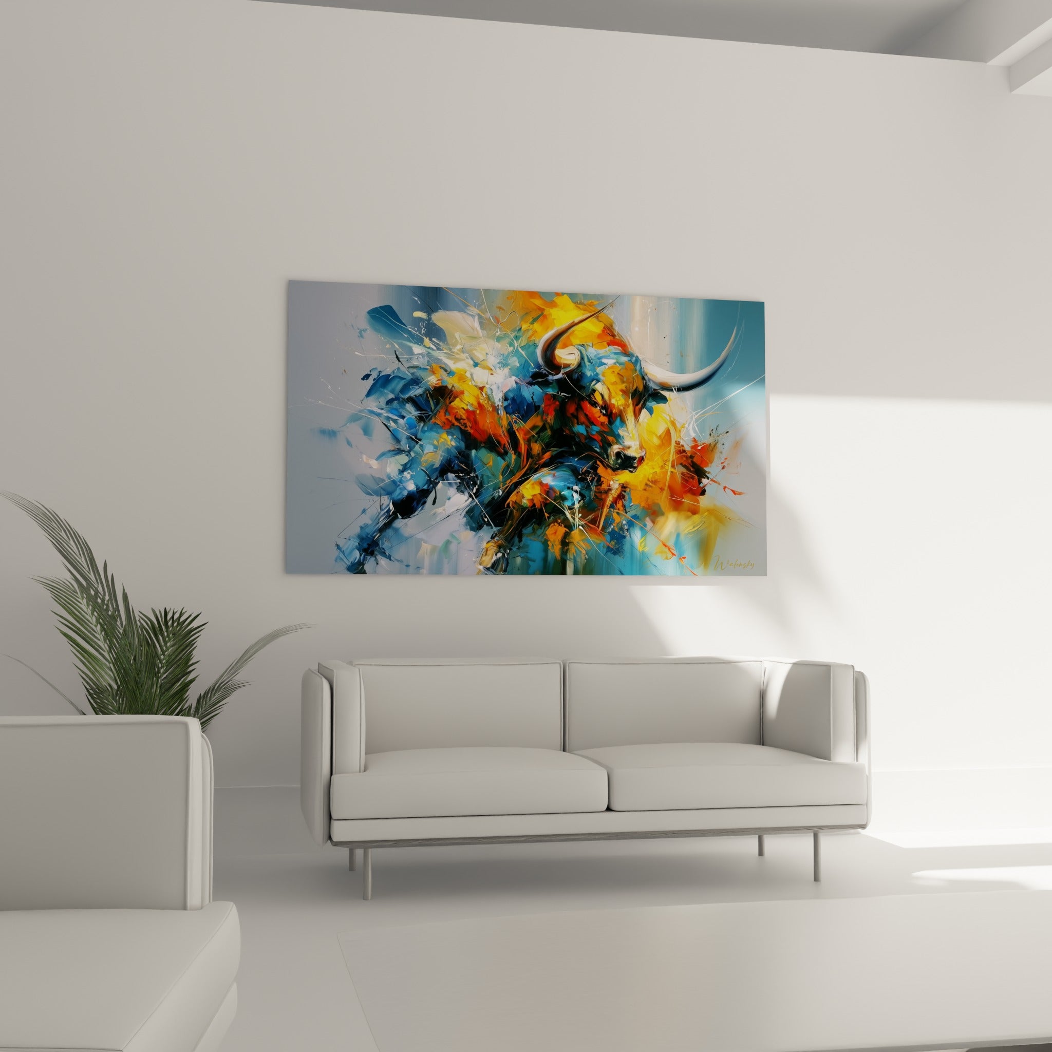 Taureau jaune et bleu foncé en mouvement fougueux, accroché au-dessus d'un canapé dans un salon lumineux