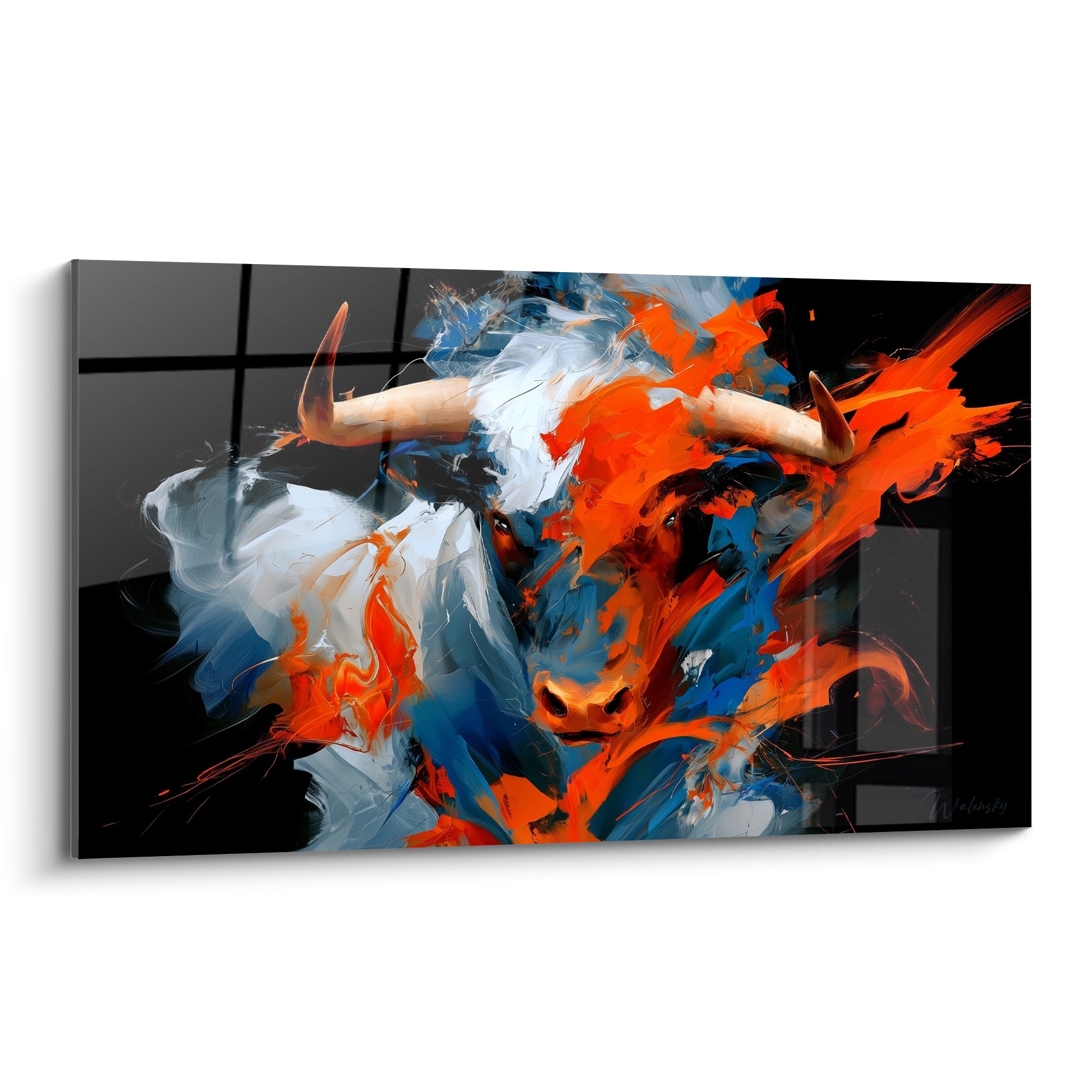 Taureau orange et bleu pétrole sur fond noir, cornes blanches, style éclaté expressif