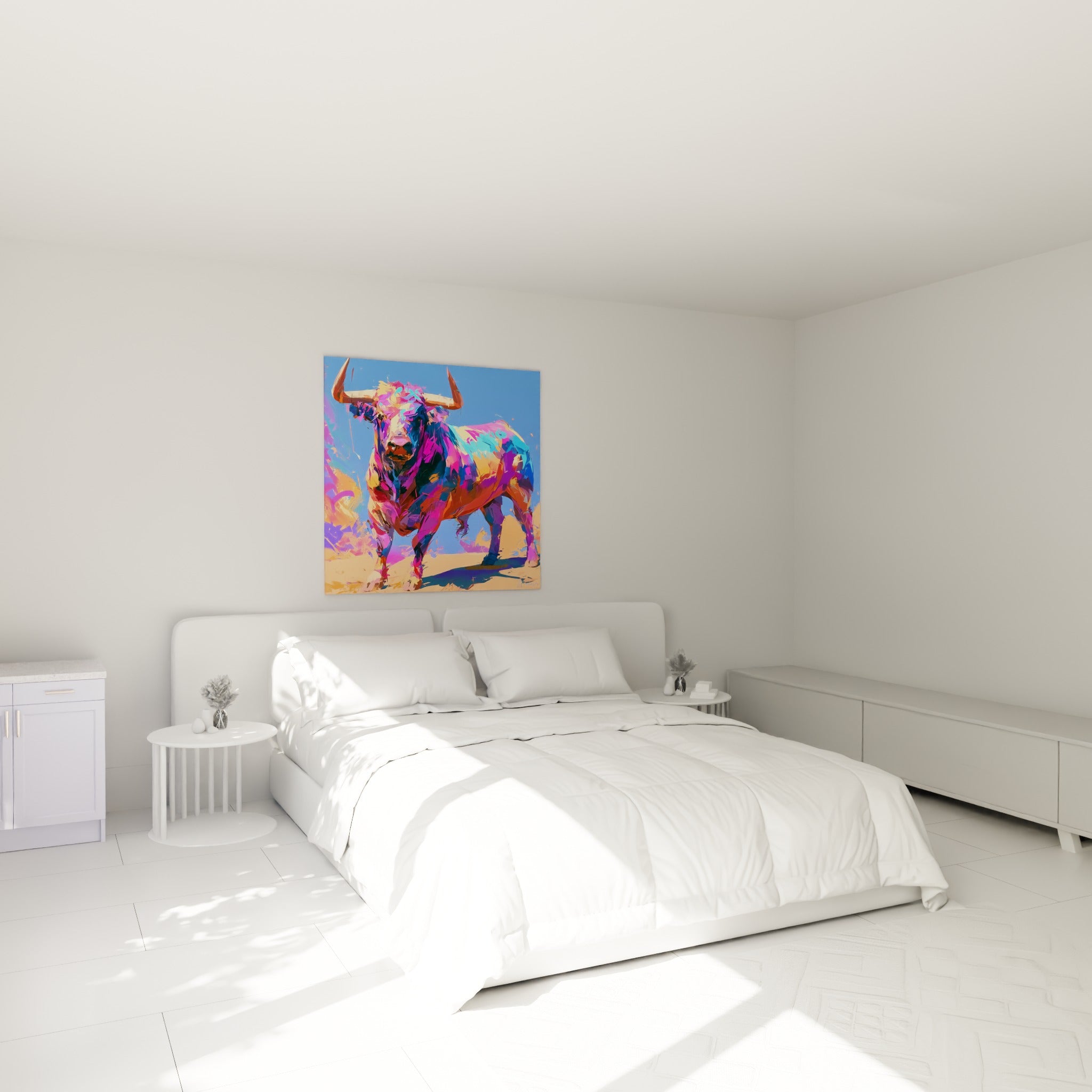 Cornes dressées vers le ciel, robe rose et orange du taureau au-dessus d'un lit dans une chambre claire