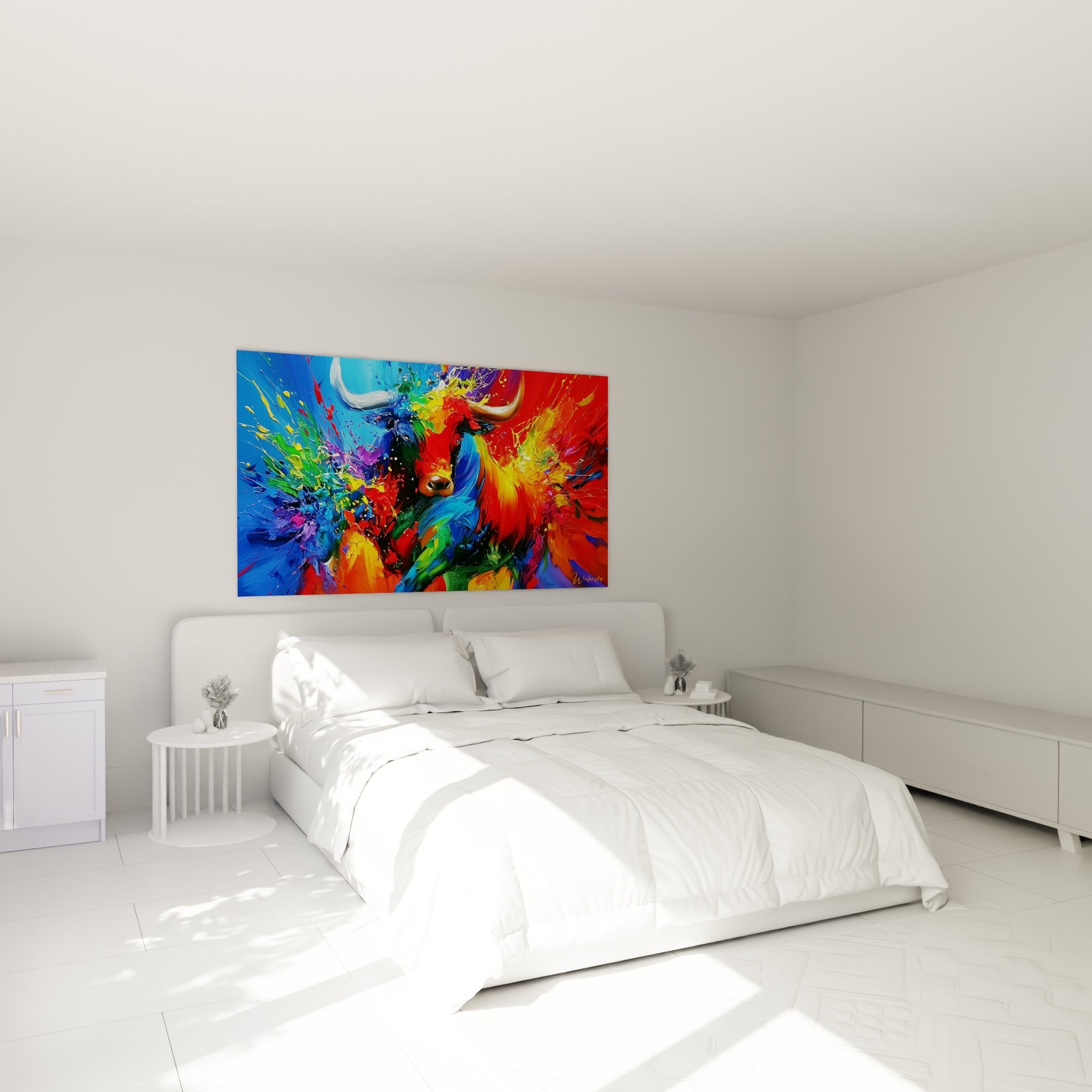 Museau de taureau orange et vert, cornes blanches, accroché au-dessus d'un lit dans une chambre claire