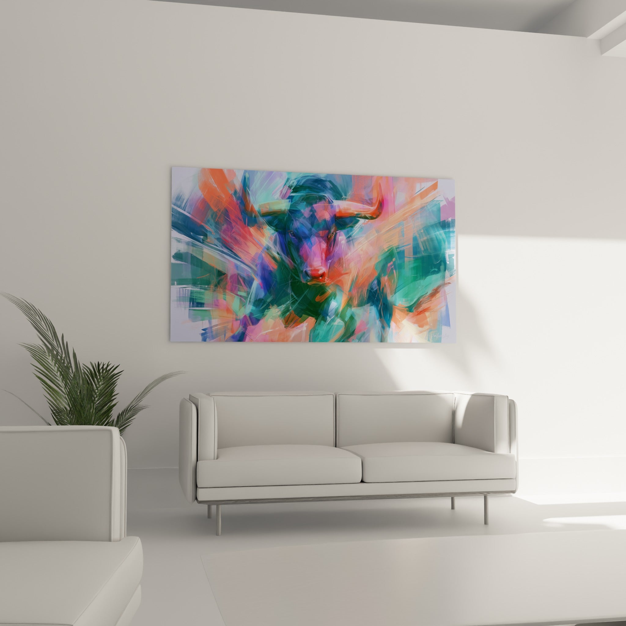 Taureau bleu marine aux touches orange vif, disposé au-dessus d'un canapé dans un salon lumineux