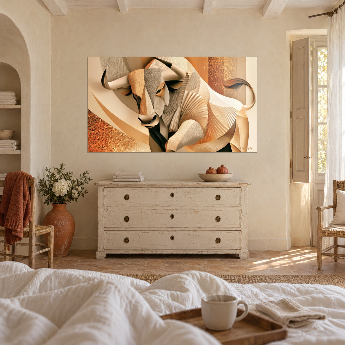 Gemälde Massives Tier aus beige und braun gefaltetem Papier, dunkle Nüstern, fächerförmige Falten, über einem Bett in einem hellen Schlafzimmer