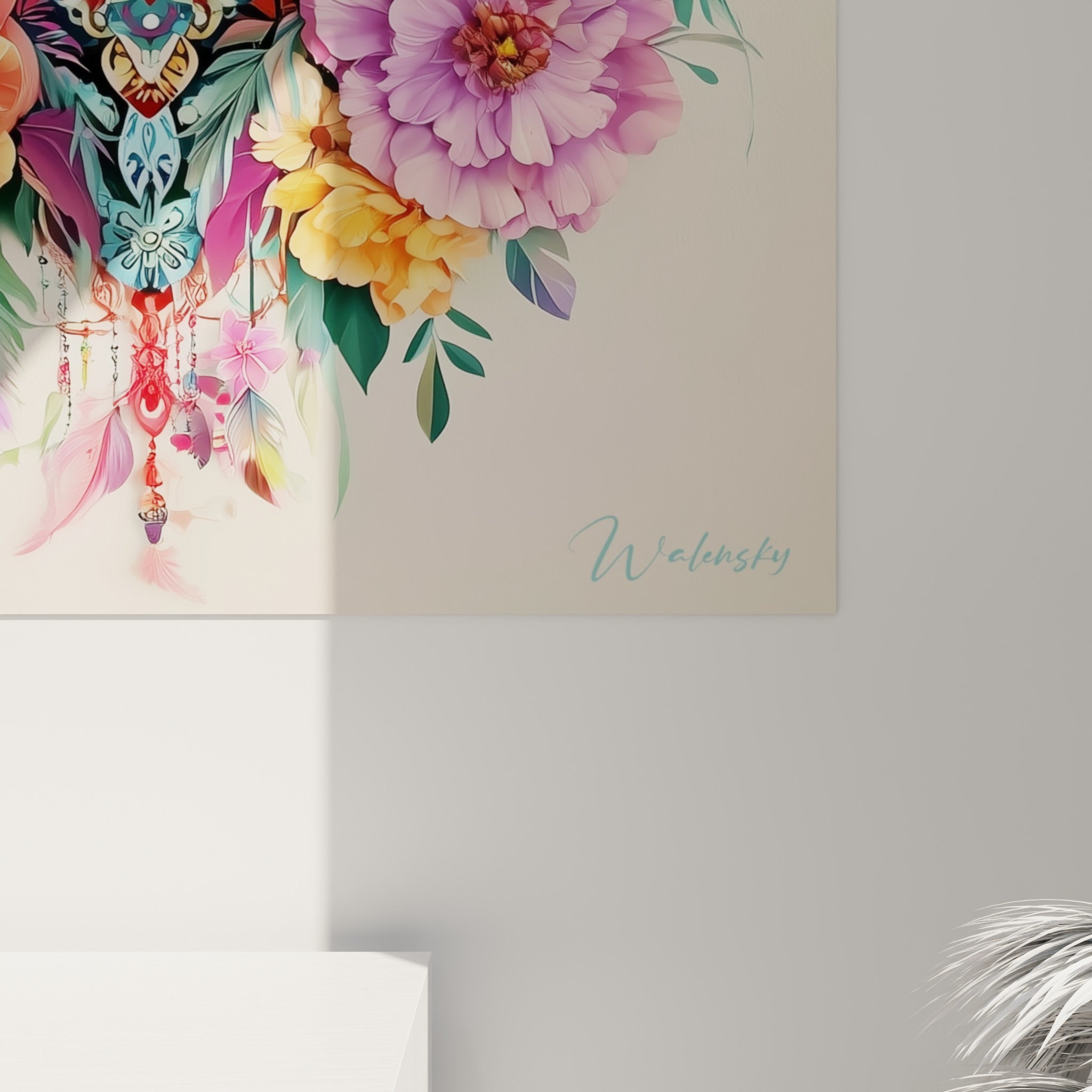 Papillon bleu pastel et pétales roses se détachent en relief sur la matière lisse de l'impression