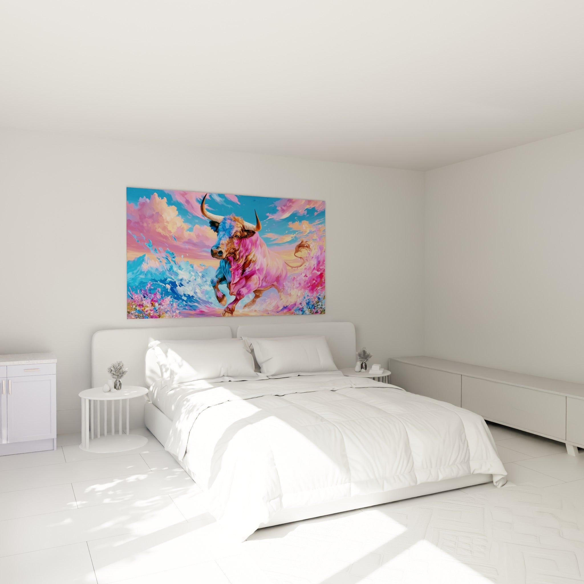 Charge du taureau rose et azur peinte au-dessus d'un lit dans une chambre claire
