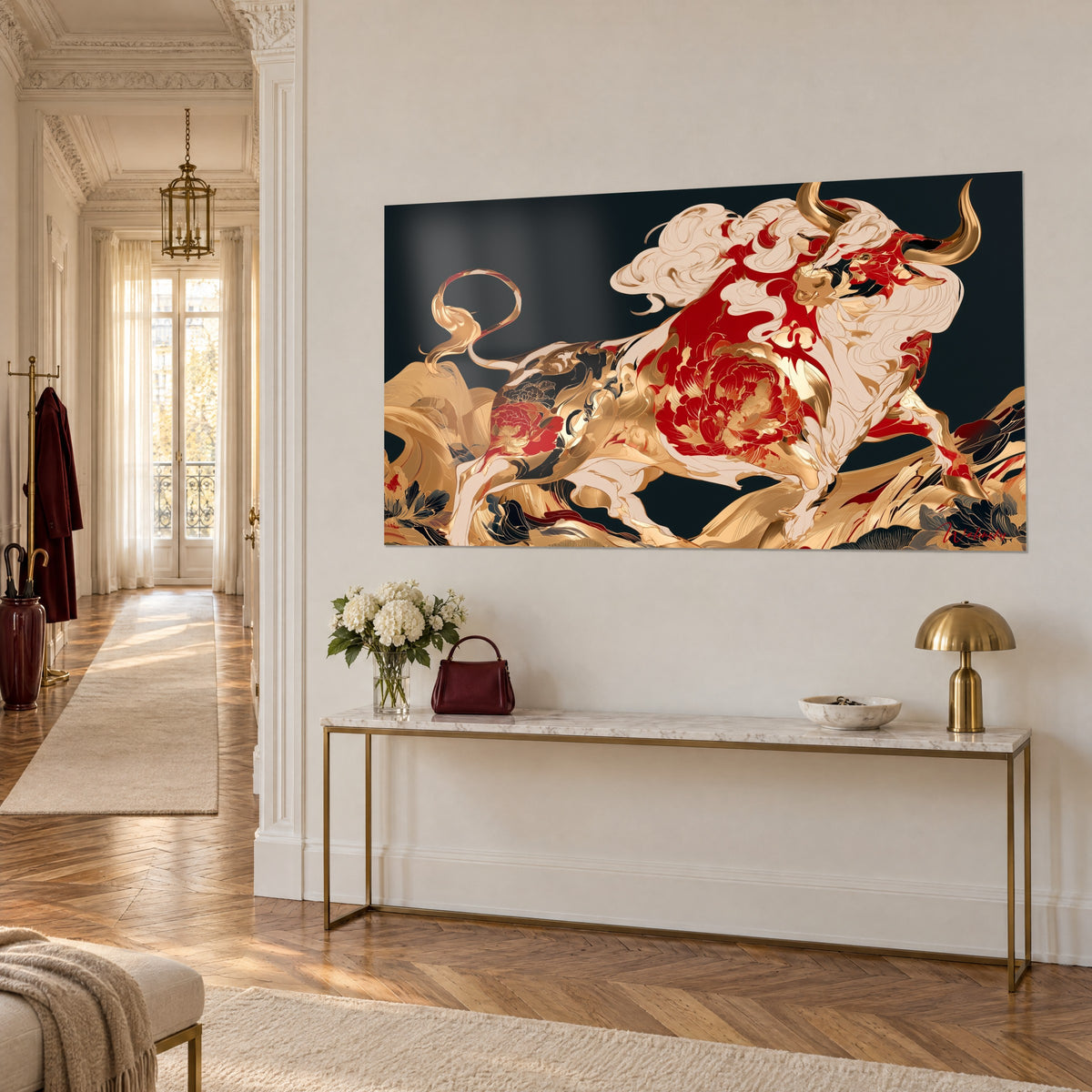 Wall art sculptural bull with golden horns, flanks adorned with crimson peonies on a black background, three-quarter view against a white wall