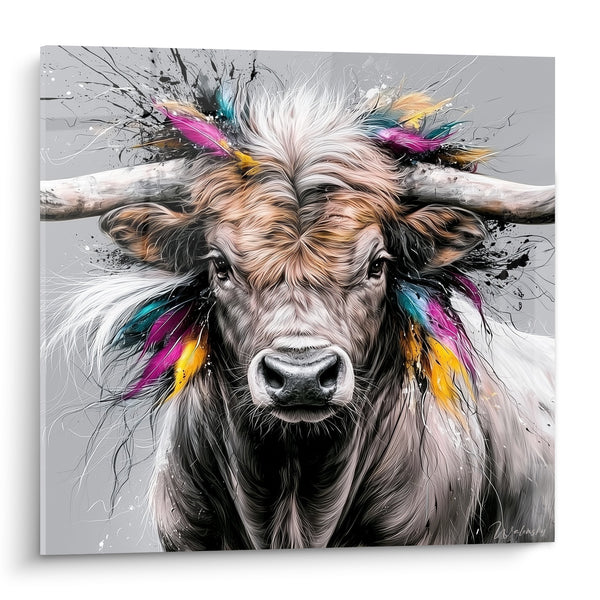 Tableau Taureau blanc et gris aux plumes multicolores - Rituel sauvage - Edition Taureau