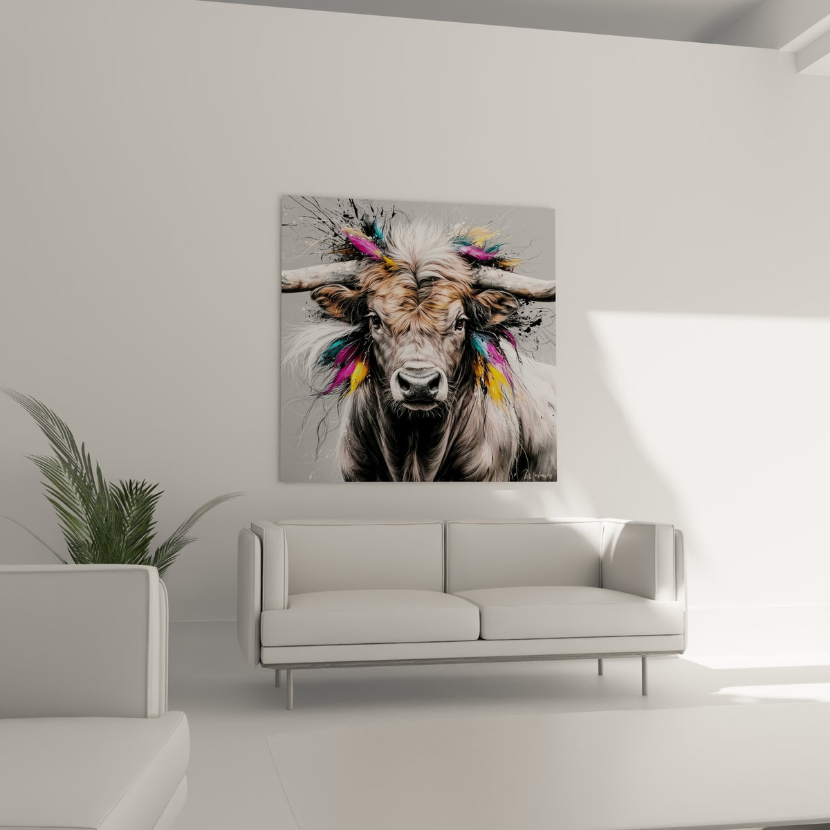 Bête aux yeux sombres et plumes fuchsia disposée au-dessus d'un canapé dans un salon lumineux
