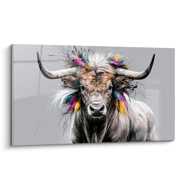 Tableau Taureau blanc aux plumes multicolores - Parure sauvage - Edition Taureau