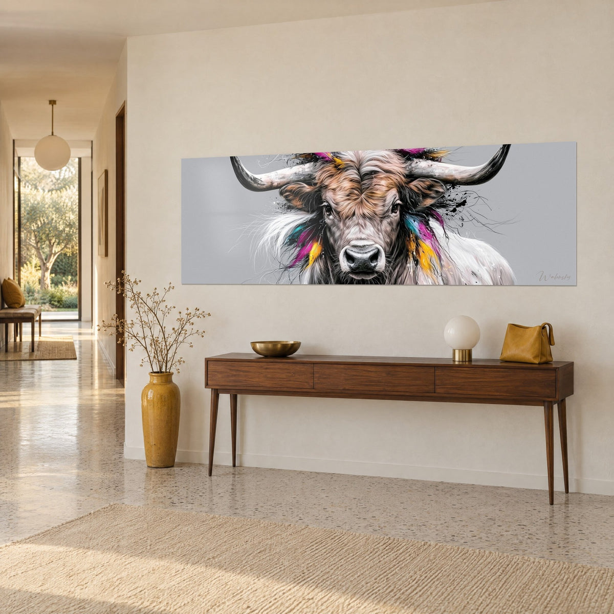 Wall art of a cow with a tousled brown and white mane, fuchsia and ochre feathers, black ink splatters, on a 1950s sideboard