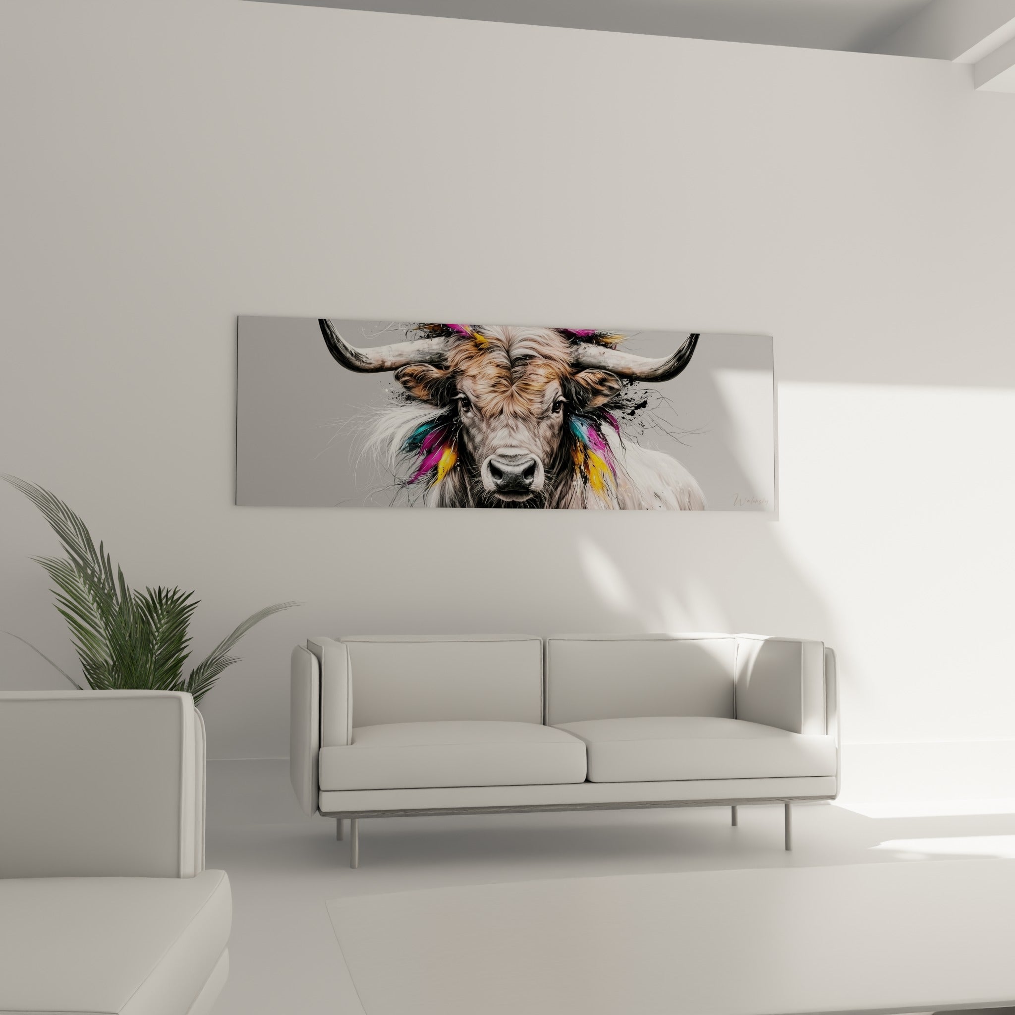 Regard intense d'un taureau brun et gris orné de plumes vives au-dessus d'un canapé dans un salon lumineux