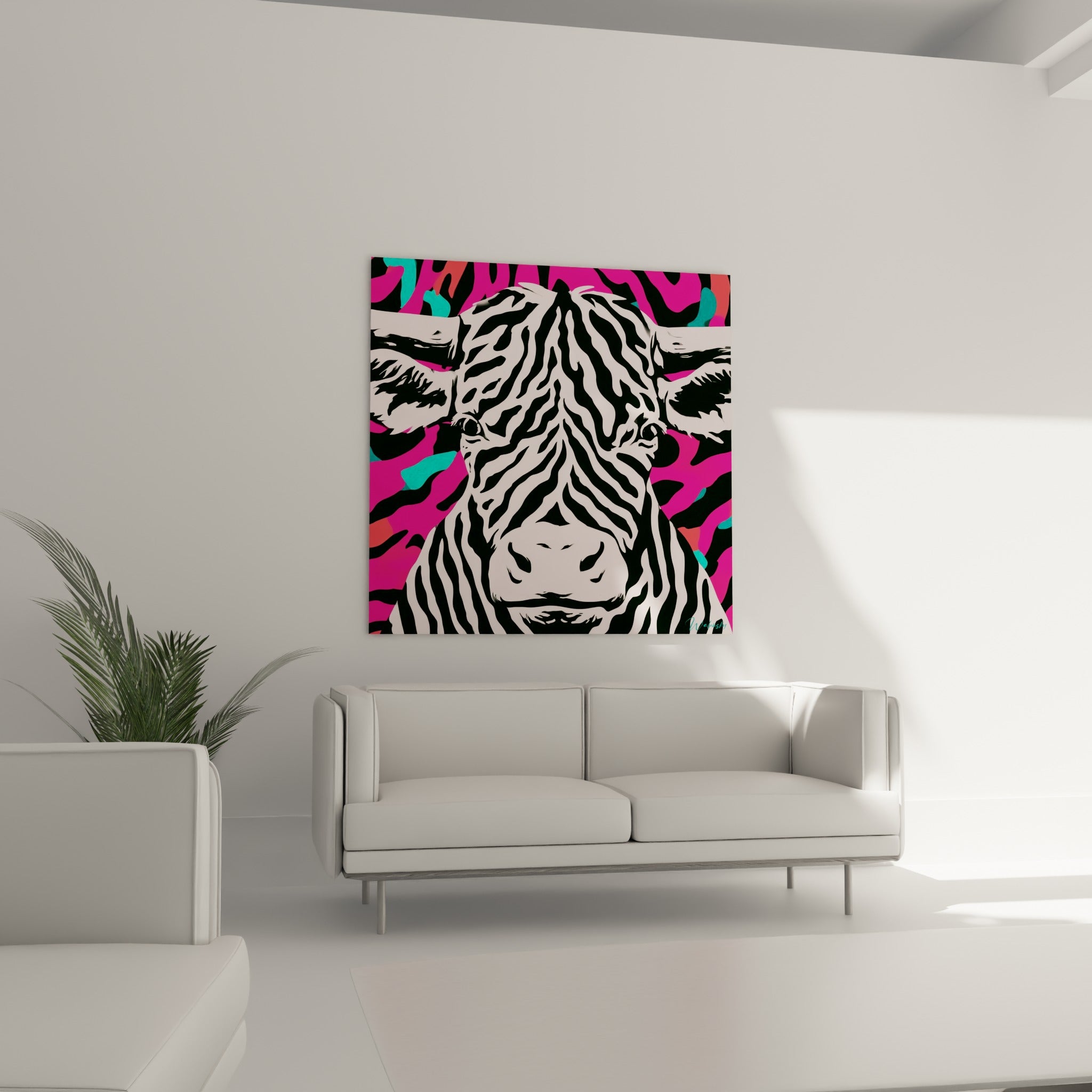 Regard intense du taureau zébré aux tons roses au-dessus d'un canapé dans un salon lumineux
