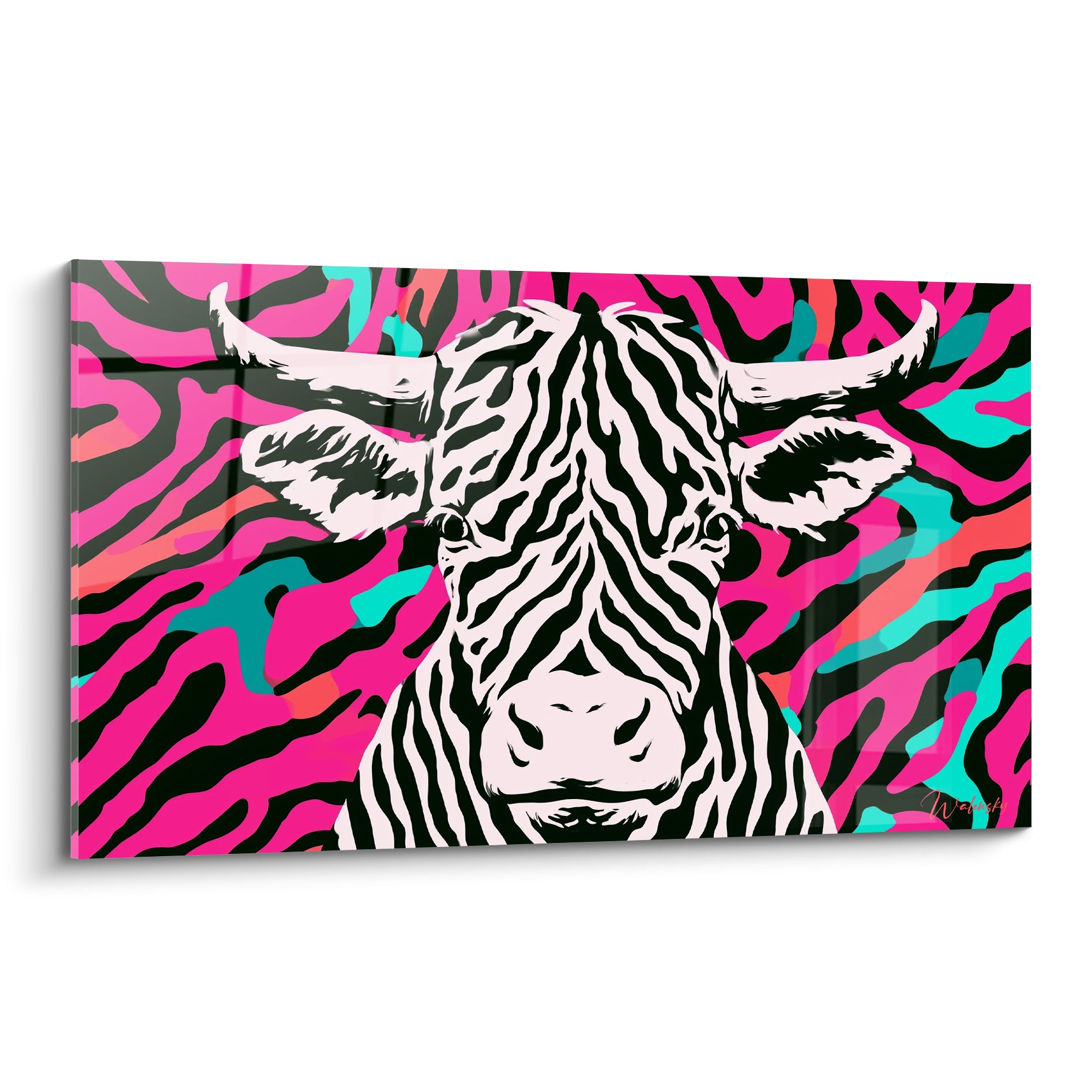 Taureau aux rayures noires et blanches sur fond rose fuchsia et turquoise éclatant