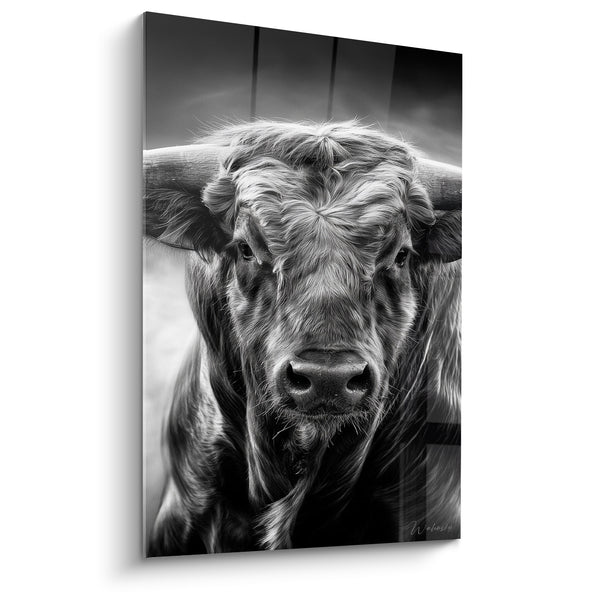 Tableau Taureau aux longues cornes noir et blanc - Regard indompté - Edition Taureau
