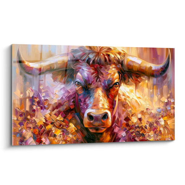 Tableau Longhorn mauve et doré au pelage empâté - Regard ambré perçant - Edition Taureau
