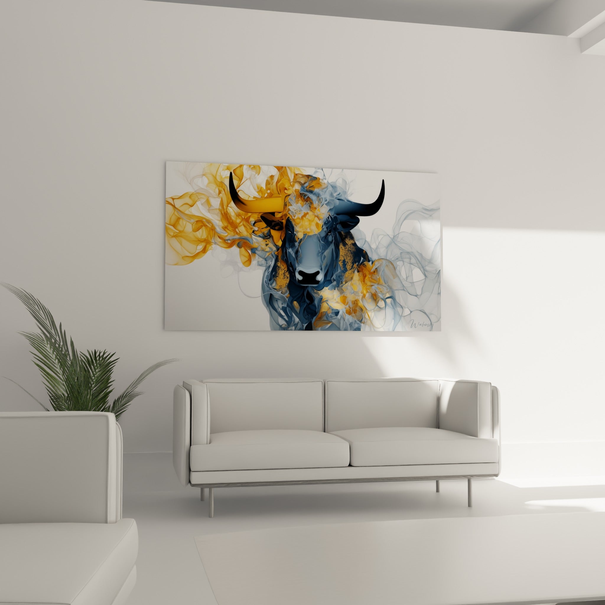 Regard intense du taureau anthracite parmi des fumées ocre au-dessus d'un canapé dans un salon lumineux