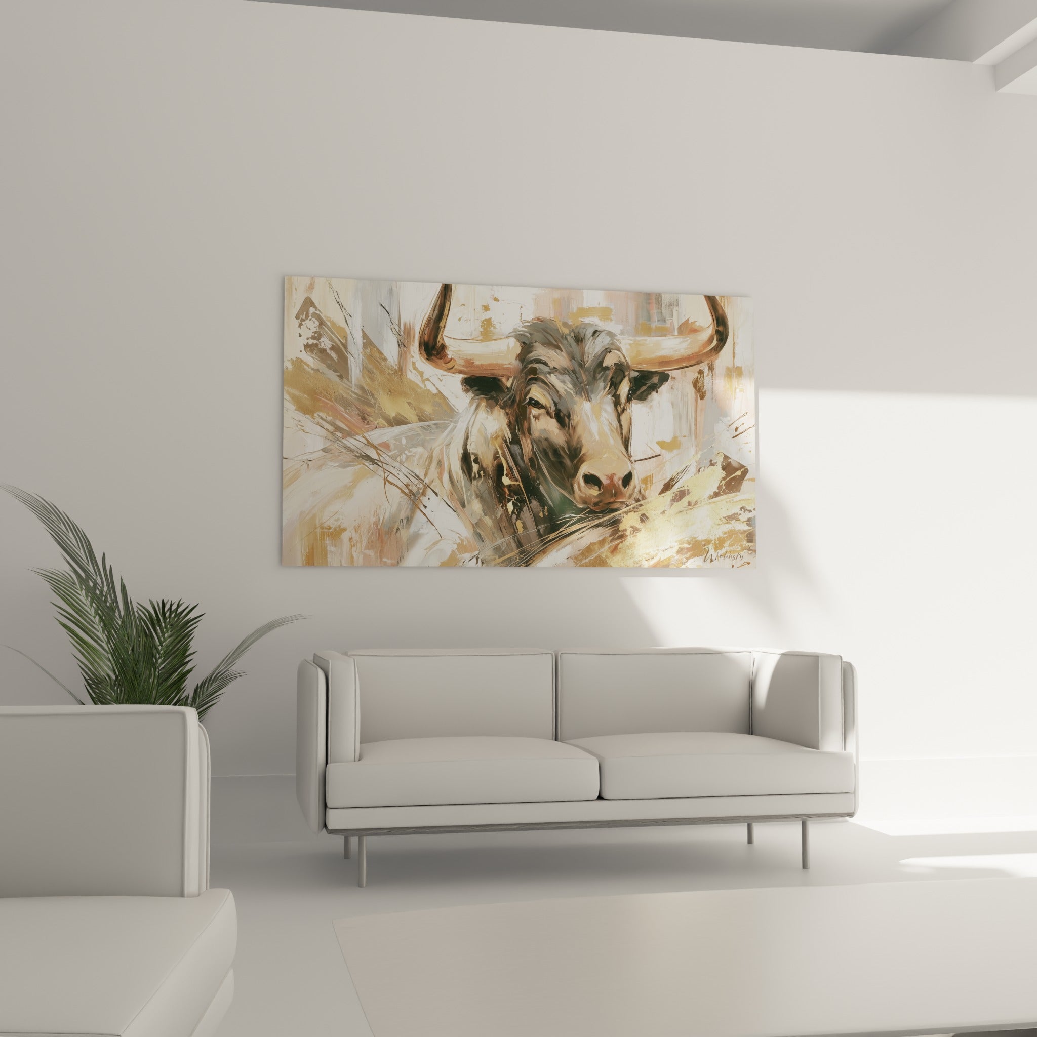 Regard intense du taureau brun et doré positionné au-dessus d'un canapé dans un salon lumineux