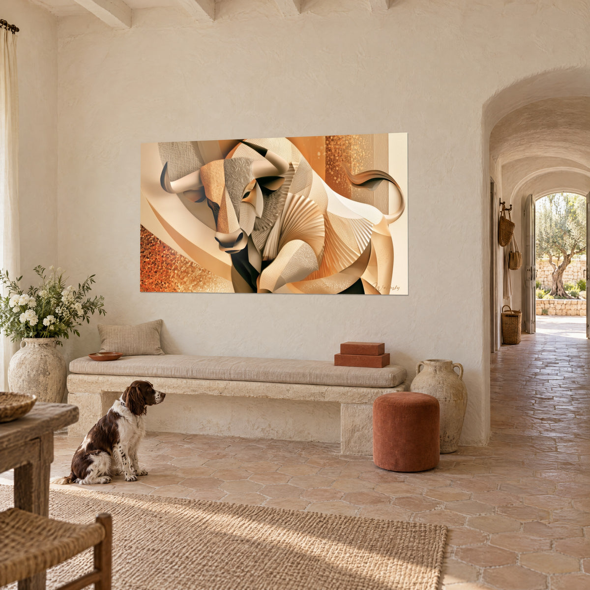 Gemälde Geometrischer Bulle mit grauen und orangefarbenen Facetten, eingerolltem Schwanz, gegenüber dem Spaniel, Steinbank eines provenzalischen Landhauses