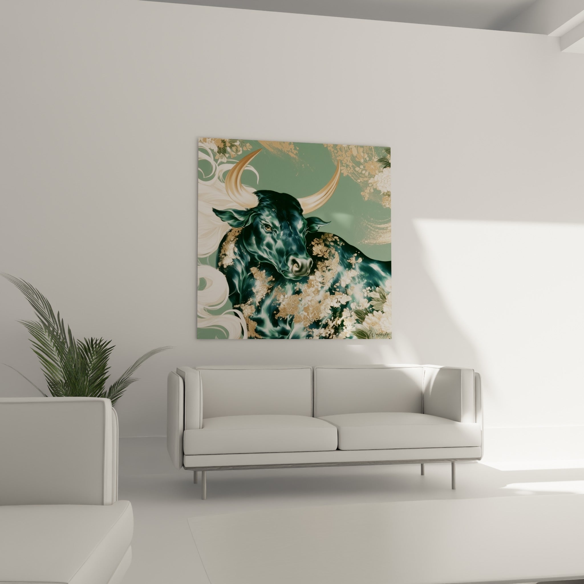 Regard intense du taureau anthracite et doré, suspendu au-dessus d'un canapé dans un salon lumineux.