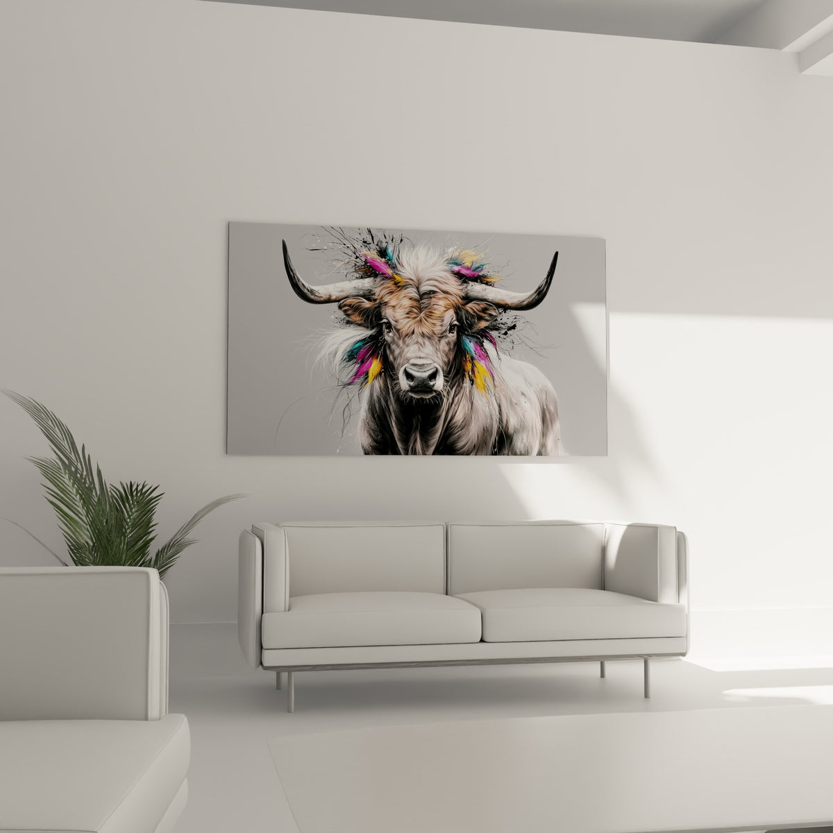 Regard intense du taureau blanc et fauve orné de plumes colorées au-dessus d'un canapé dans un salon lumineux