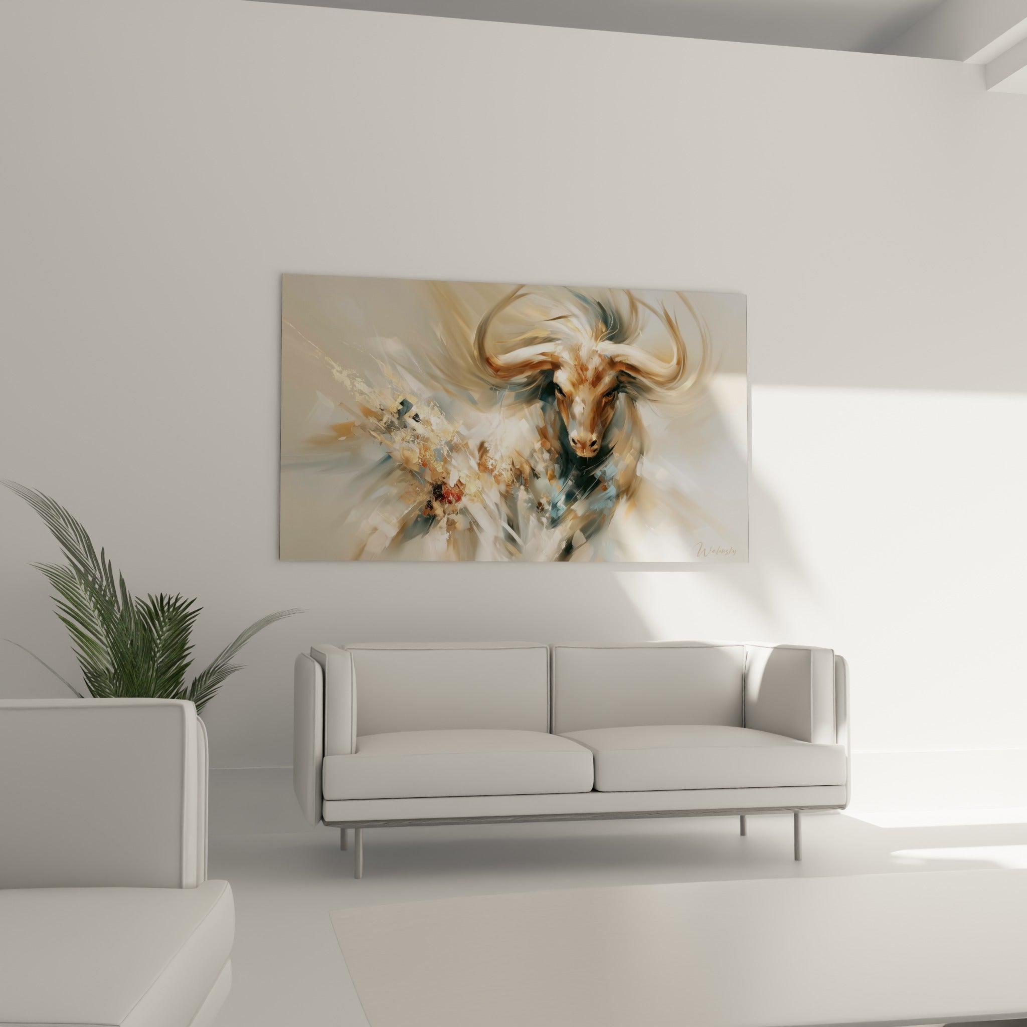 Regard frontal du taureau anthracite et beige, matière éclatée dorée, au-dessus d'un canapé dans un salon lumineux