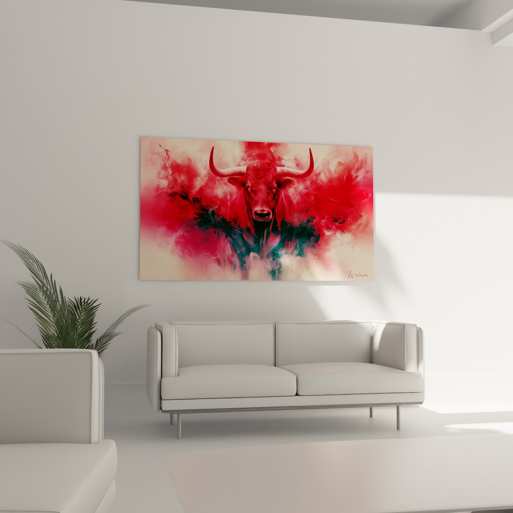 Regard perçant d'un taureau rouge et anthracite dans un nuage ardent, au-dessus d'un canapé dans un salon lumineux