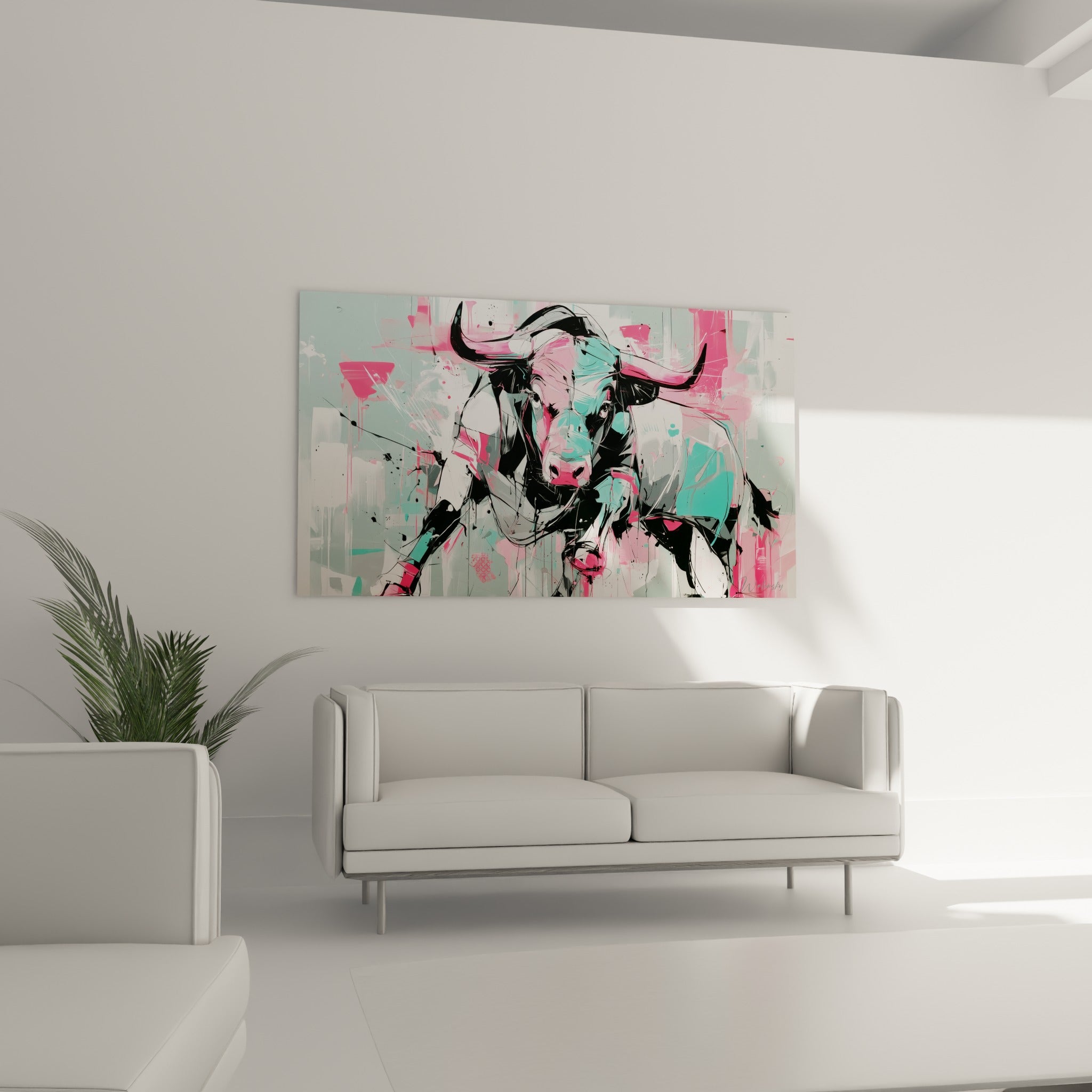 Taureau anthracite et rose vif, regard intense cerclé de noir, au-dessus d'un canapé dans un salon lumineux