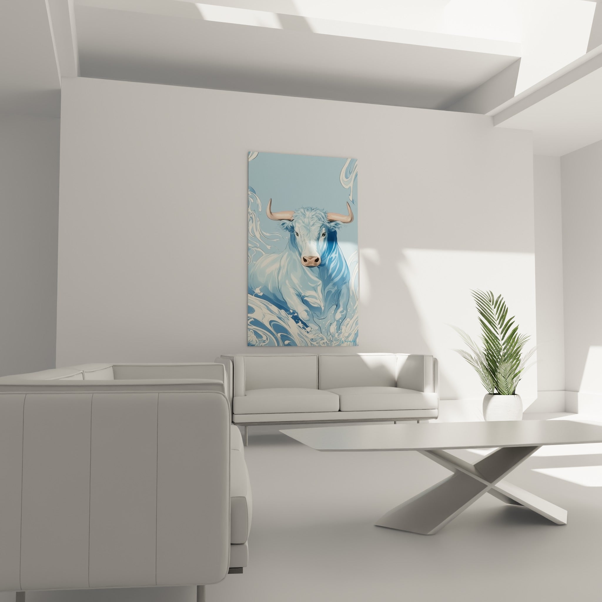 Regard intense du taureau bleu pastel entouré d'écume blanche au-dessus d'un canapé dans un salon lumineux