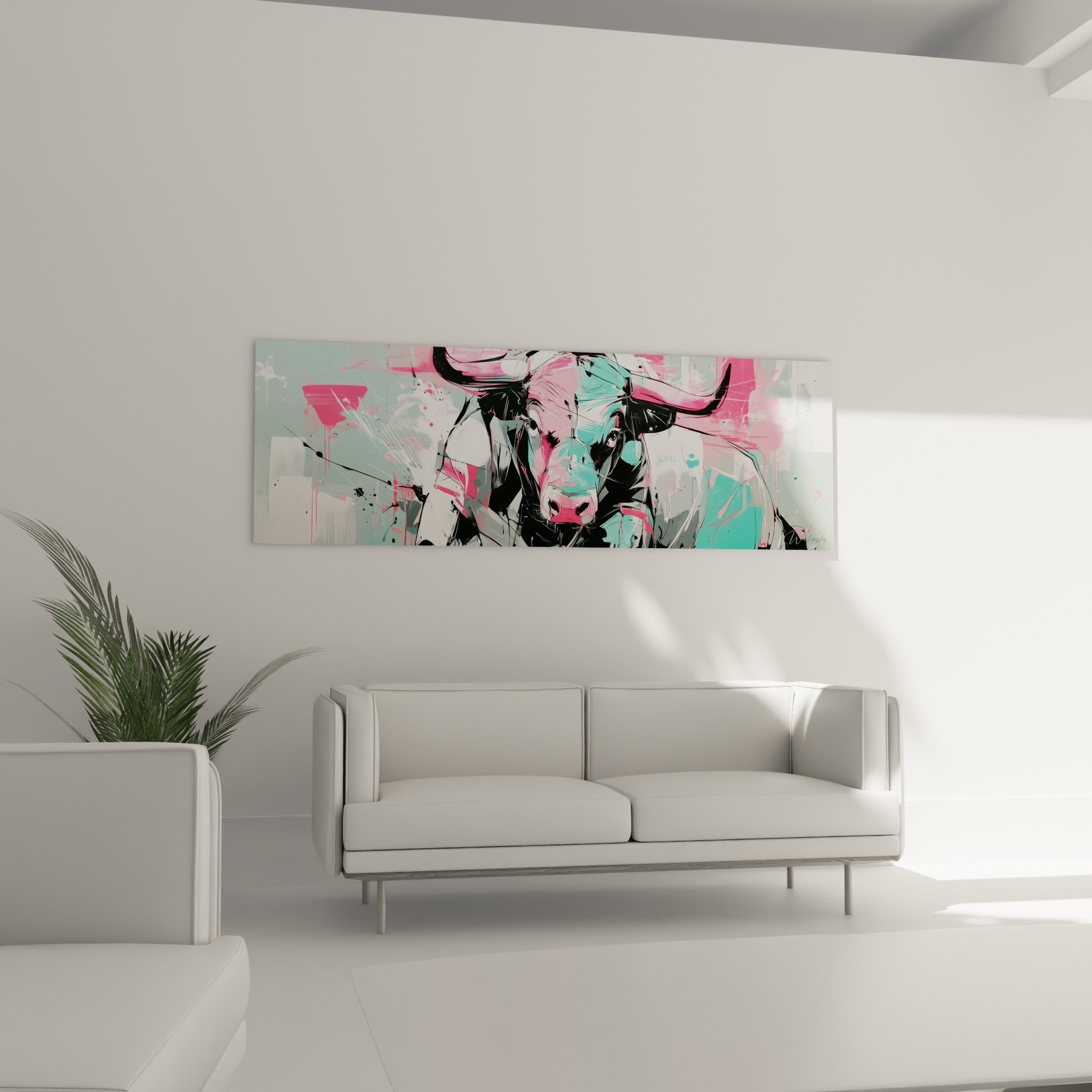Regard intense et pelage vert menthe de ce Taureau au-dessus d'un canapé dans un salon lumineux
