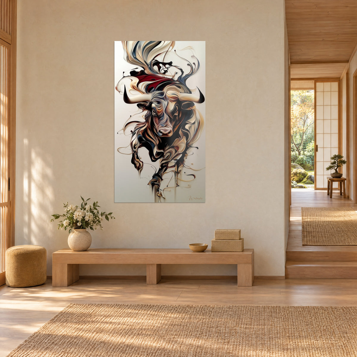 Quadro toro selvatico cornuto in piena corsa, criniera di volute sabbia e blu notte, visto di tre quarti in un soggiorno japandi