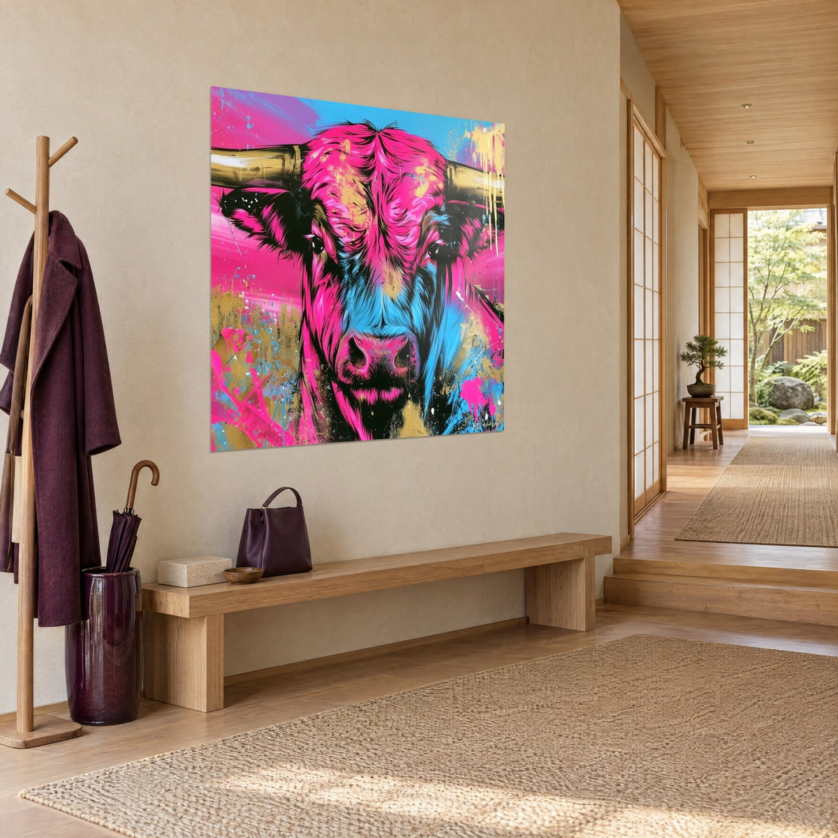 Quadro di bovino con corna ocra e schizzi dorati, sfondo rosa e turchese, appeso a una parete beige di un corridoio japandi