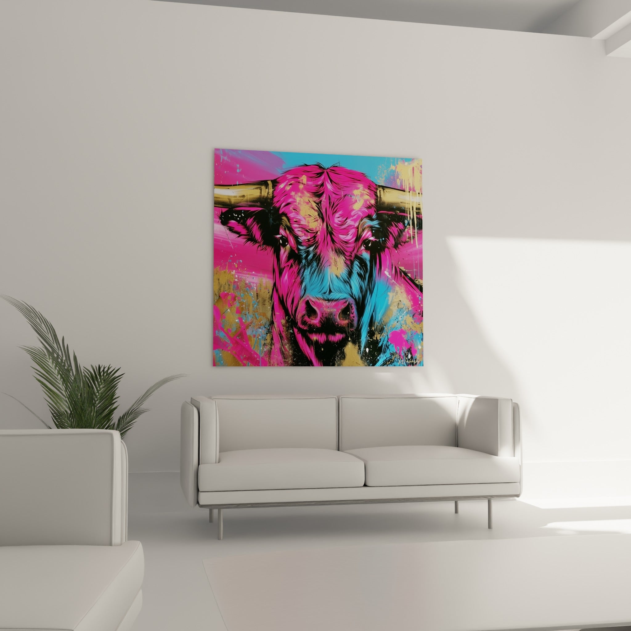 Regard sombre du taureau entouré de rose vif et de touches turquoise, au-dessus d'un canapé dans un salon lumineux