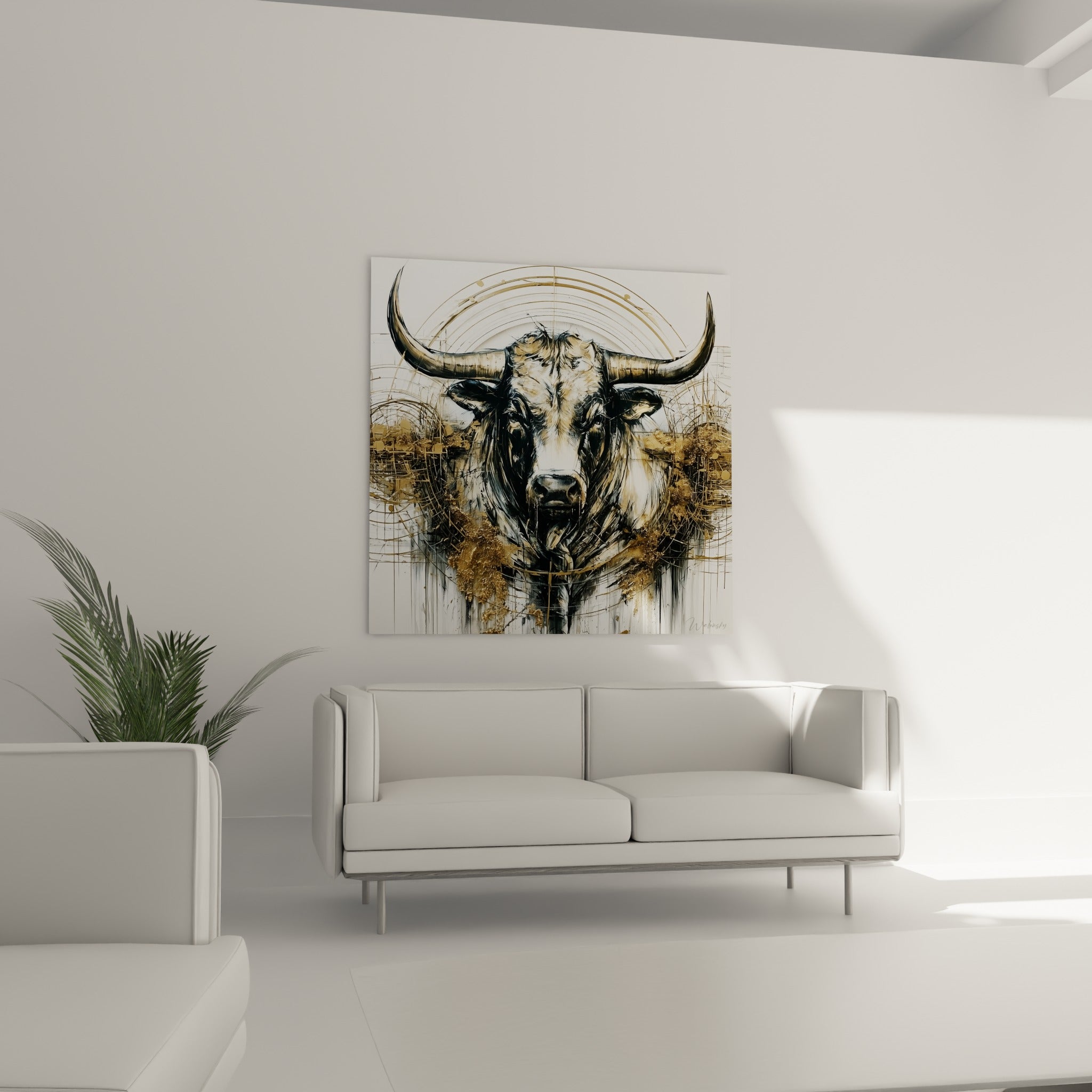Regard intense du taureau ocre et anthracite, suspendu au-dessus d'un canapé dans un salon lumineux.