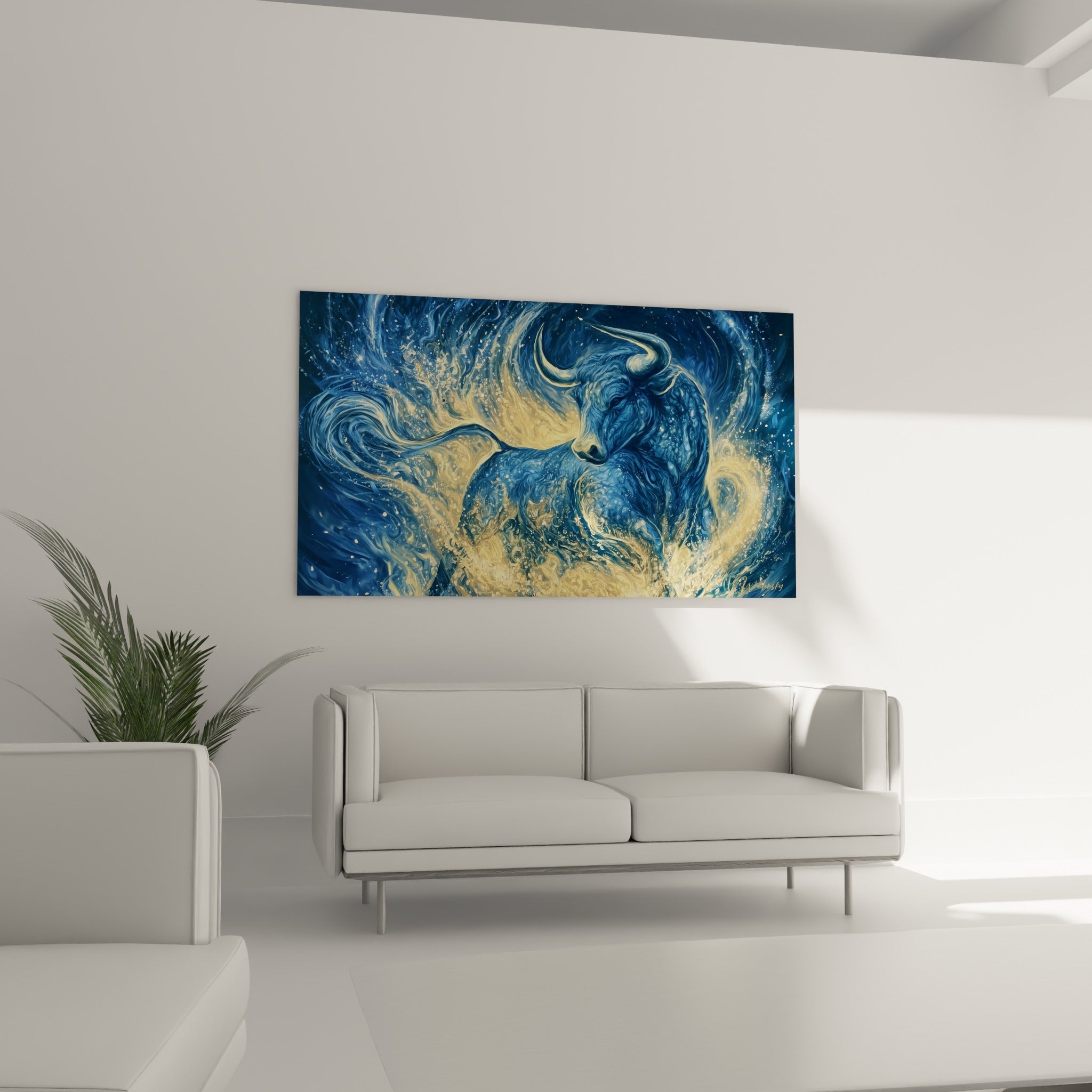 Regard paisible du taureau émergeant d'un tourbillon bleu et or, au-dessus d'un canapé dans un salon lumineux