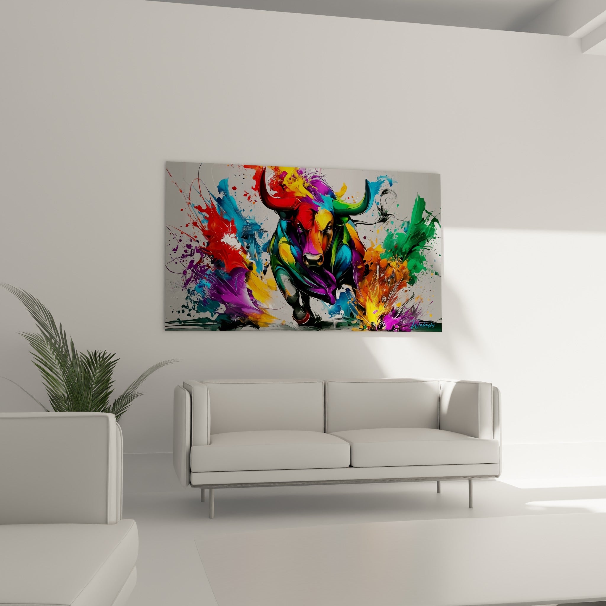 Regard intense du taureau aux teintes bleu turquoise et pourpre, au-dessus d'un canapé dans un salon lumineux