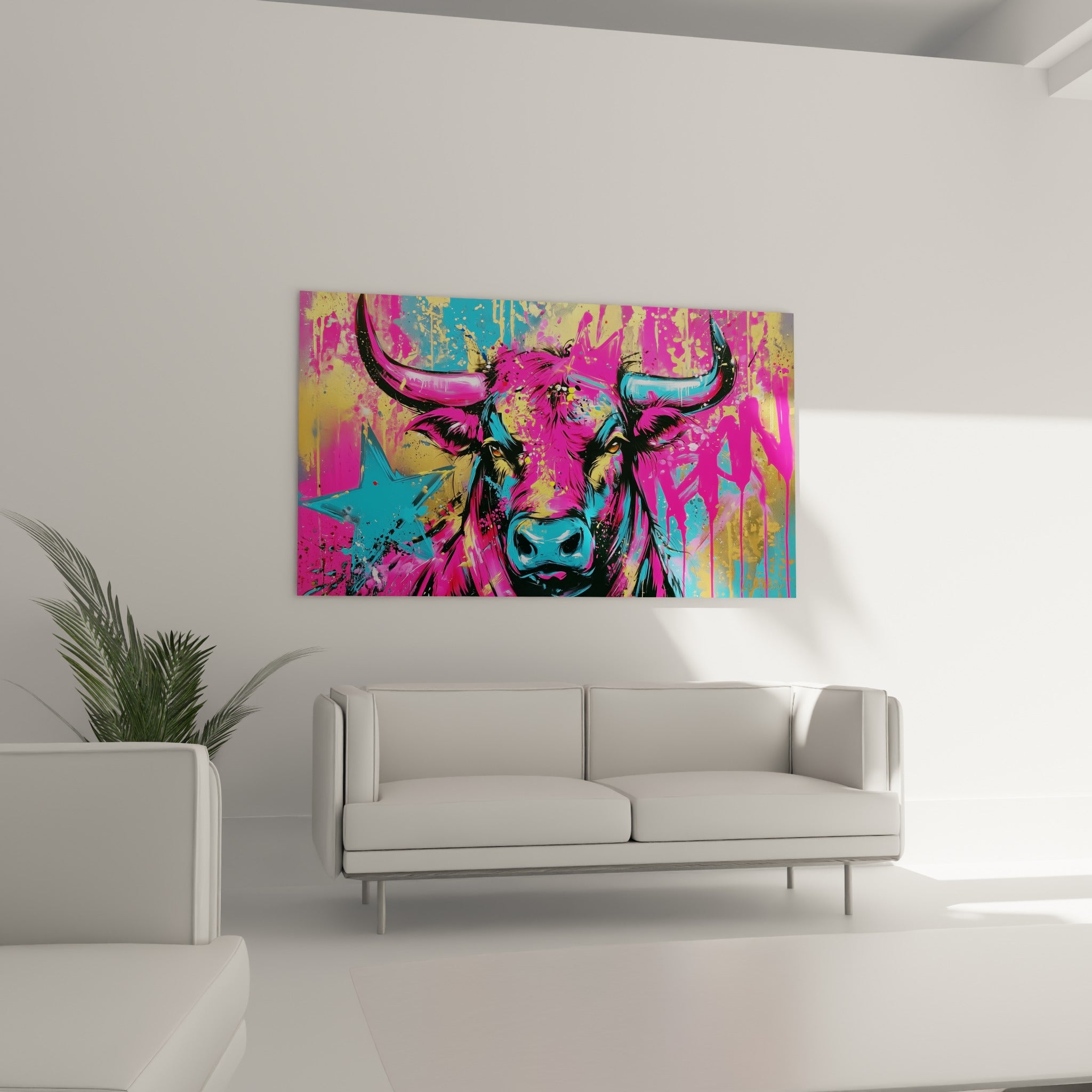 Regard intense du Taureau rose et bleu, toile accrochée au-dessus d'un canapé dans un salon lumineux