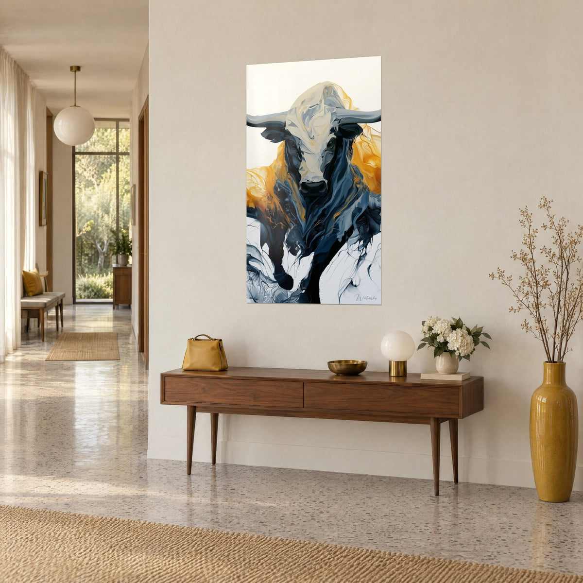 Wall art bull with outlined black muzzle, ivory coat flowing into midnight blue and gold, on a wooden console, three-quarter view in a hallway