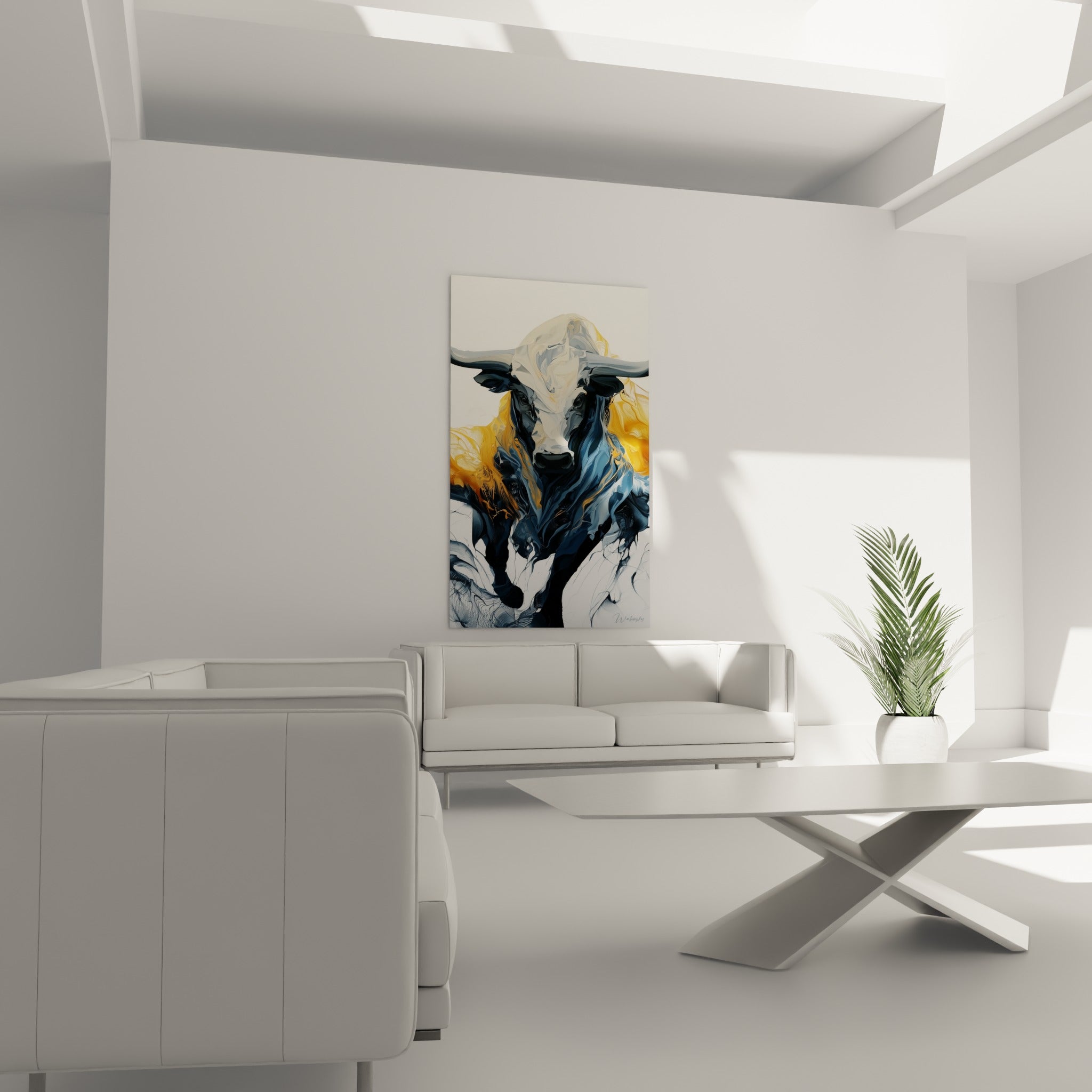 Tête de Taureau bleu marine et crème posée au-dessus d'un canapé dans un salon lumineux.