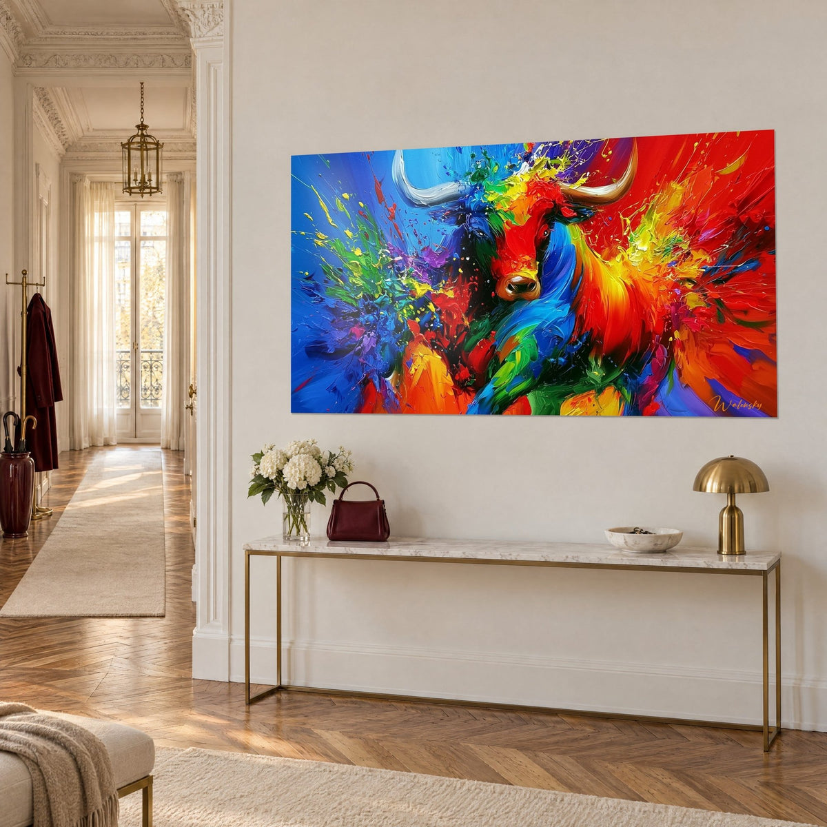 Cuadro toro escarlata de cuernos plateados, mechón azul y rojo vivo sobre fondo azur, colgado encima de una consola dorada estilo haussmanniano