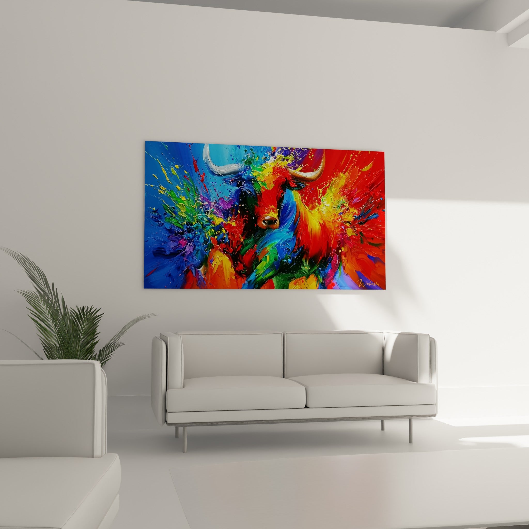 Regard sombre du taureau cerné de bleu et rouge intense, au-dessus d'un canapé dans un salon lumineux