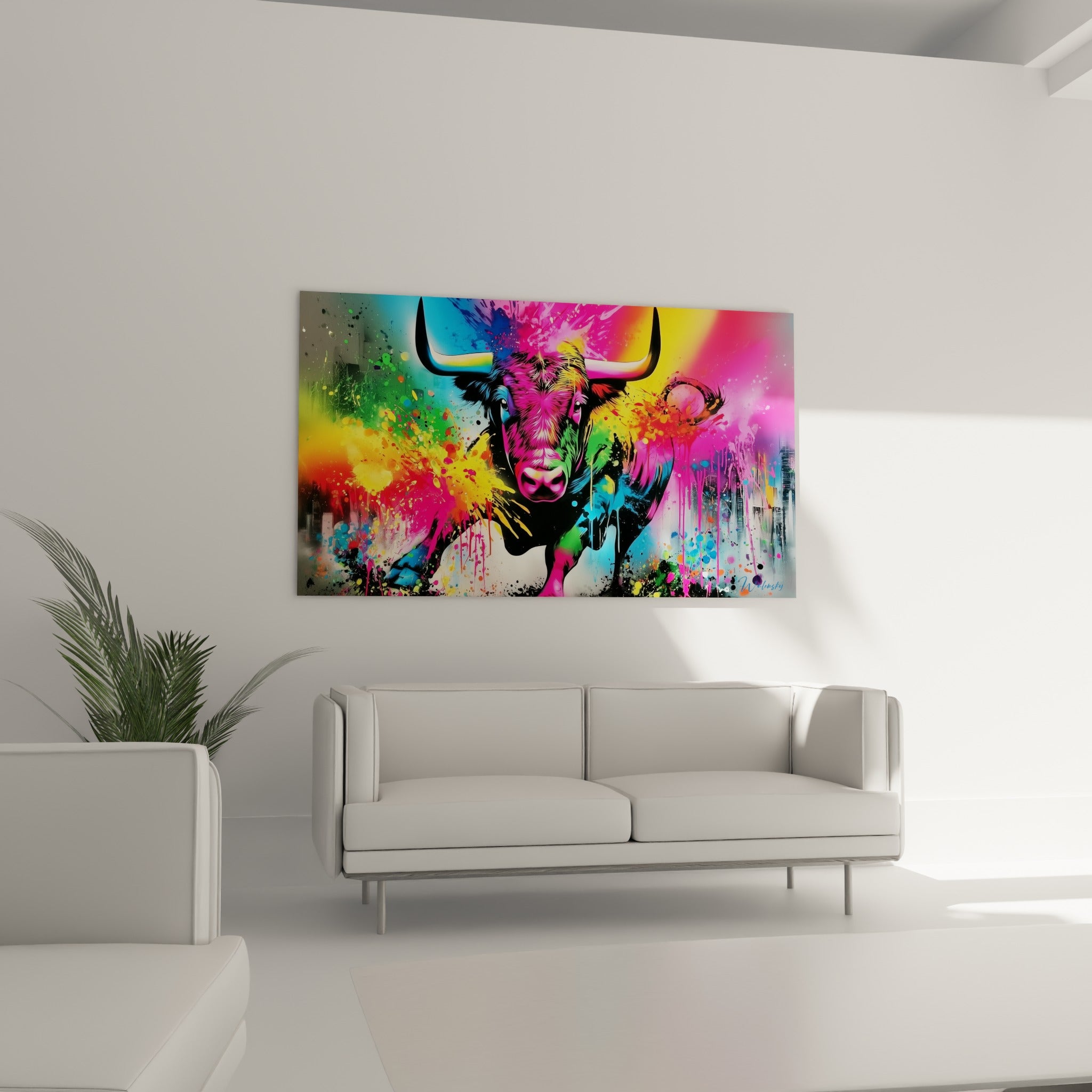 Regard perçant du taureau coloré aux touches vertes et roses, au-dessus d'un canapé dans un salon lumineux