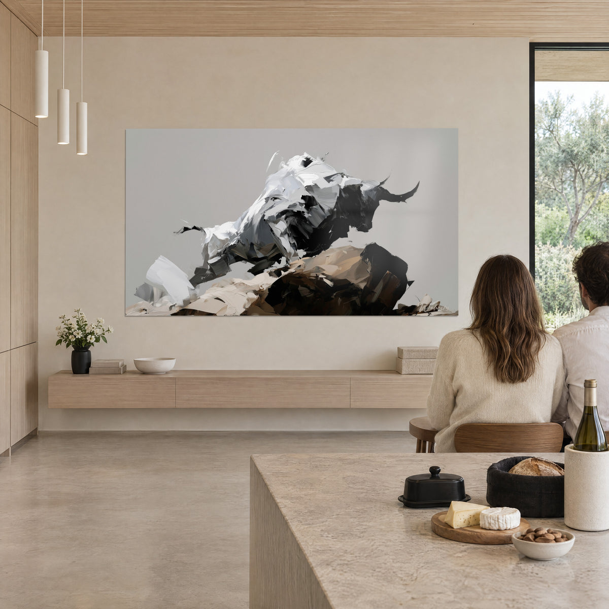 Wall art of a powerful animal with white fur streaked with grey, black forequarters, crescent-shaped horns, charging down beige rocks, open-plan dining room