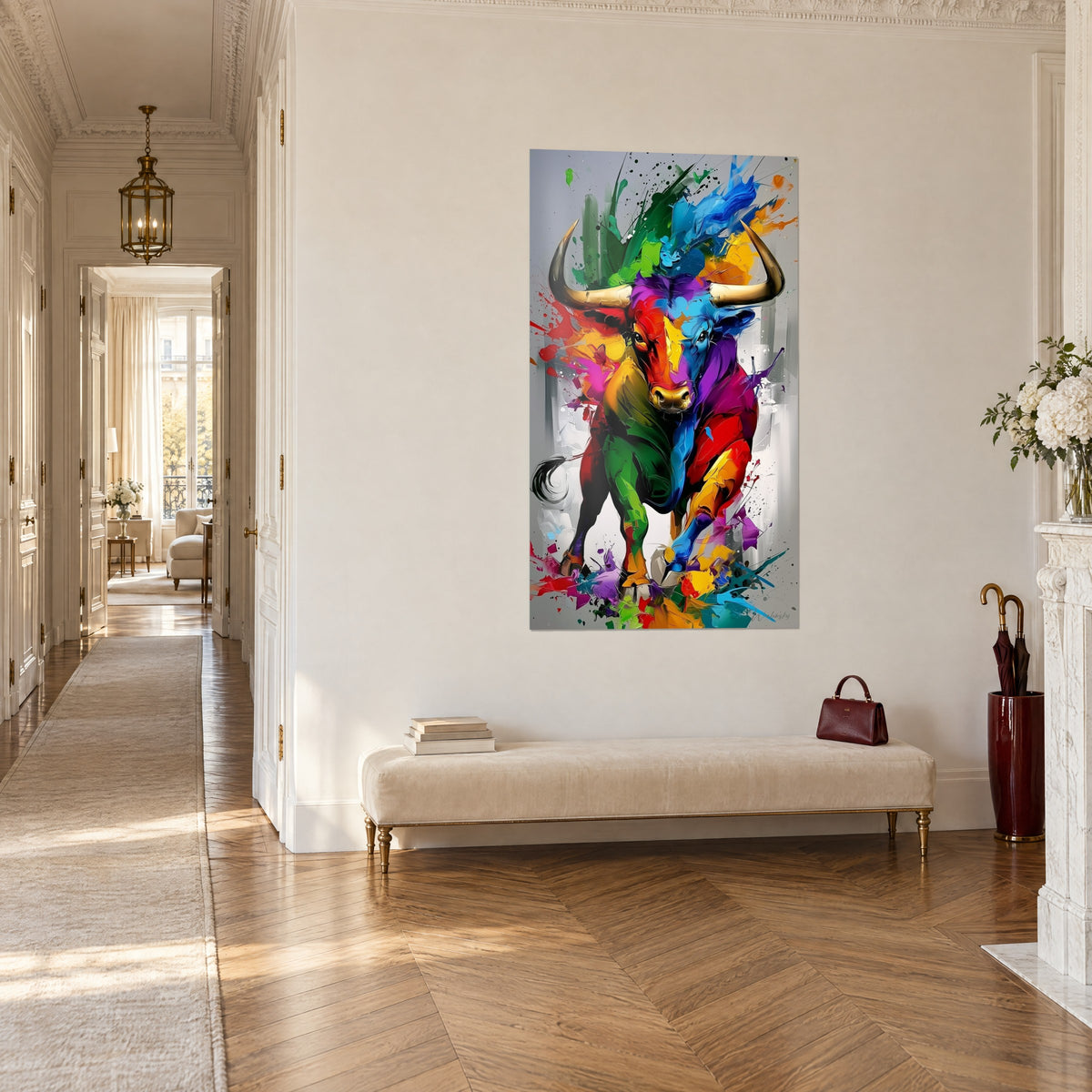 Quadro di un toro furioso in pittura vivace, muso dorato, fianco viola e giallo zafferano, parete bianca, panca e parquet a spina di pesce