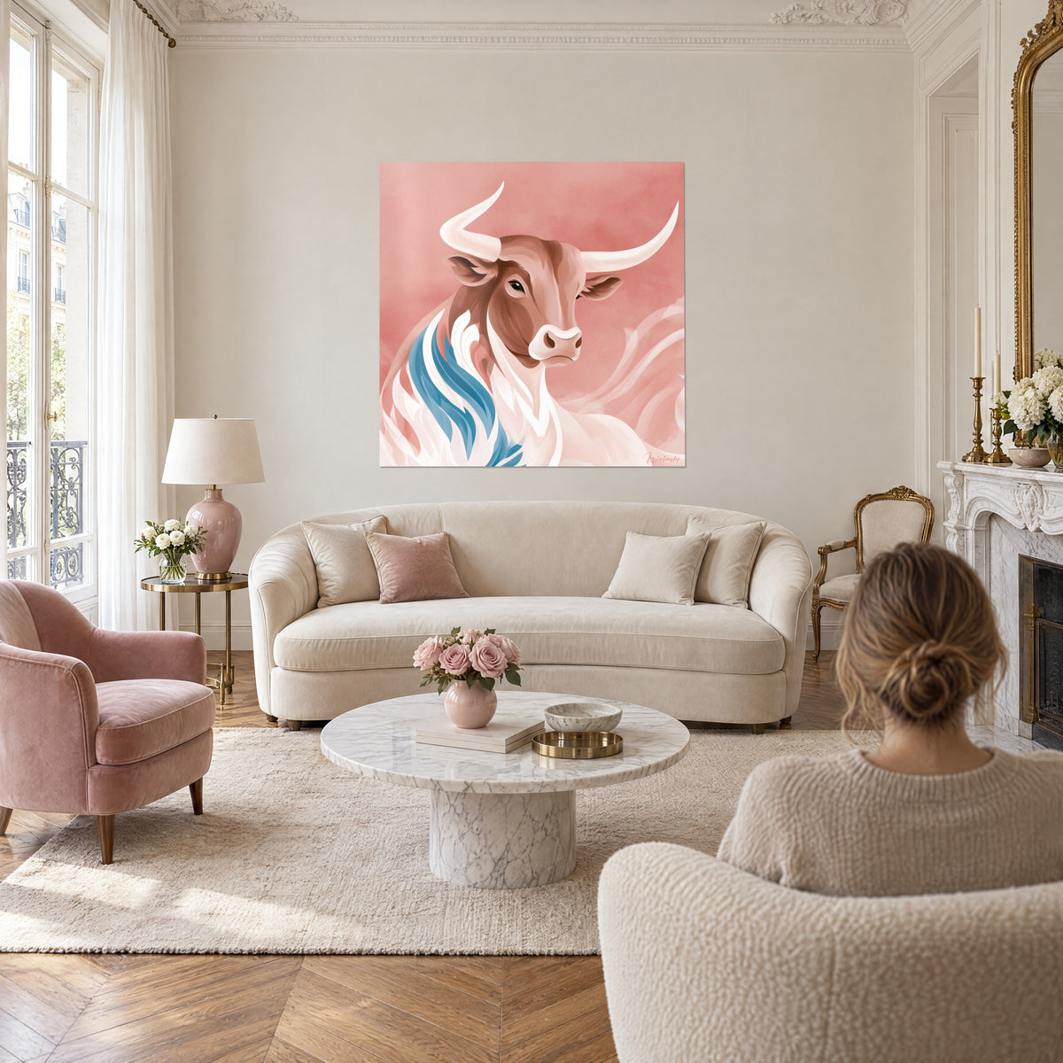 Quadro toro dalle corna avorio e ciocche blu su fondo rosa cipria, visto di spalle da una donna sopra un divano in un soggiorno luminoso